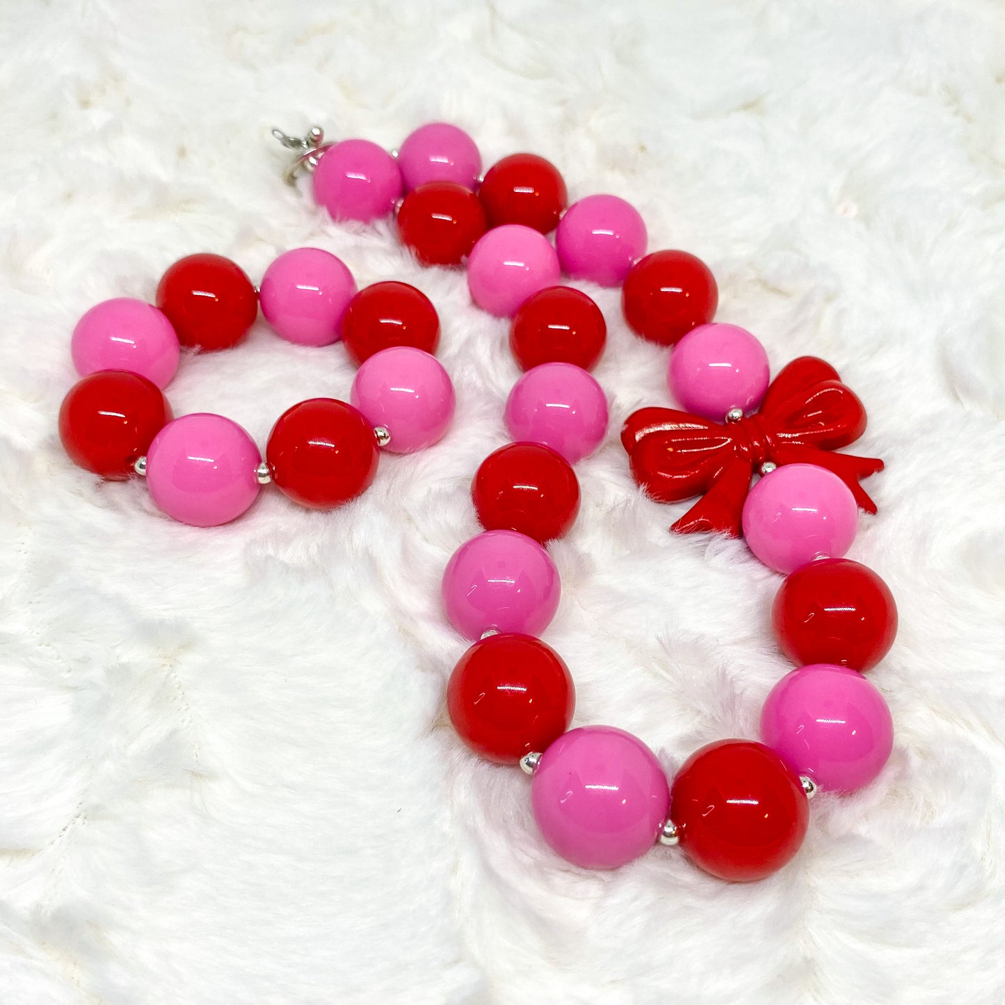 Valentine's Bubblegum Necklace and Bracelet with Red Bow