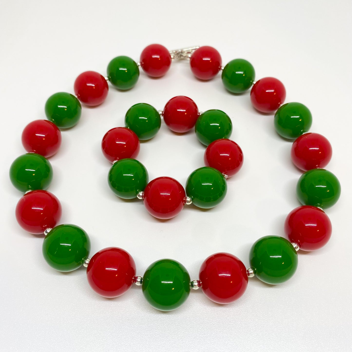 Red and Green Christmas Bubblegum Necklace and Bracelet