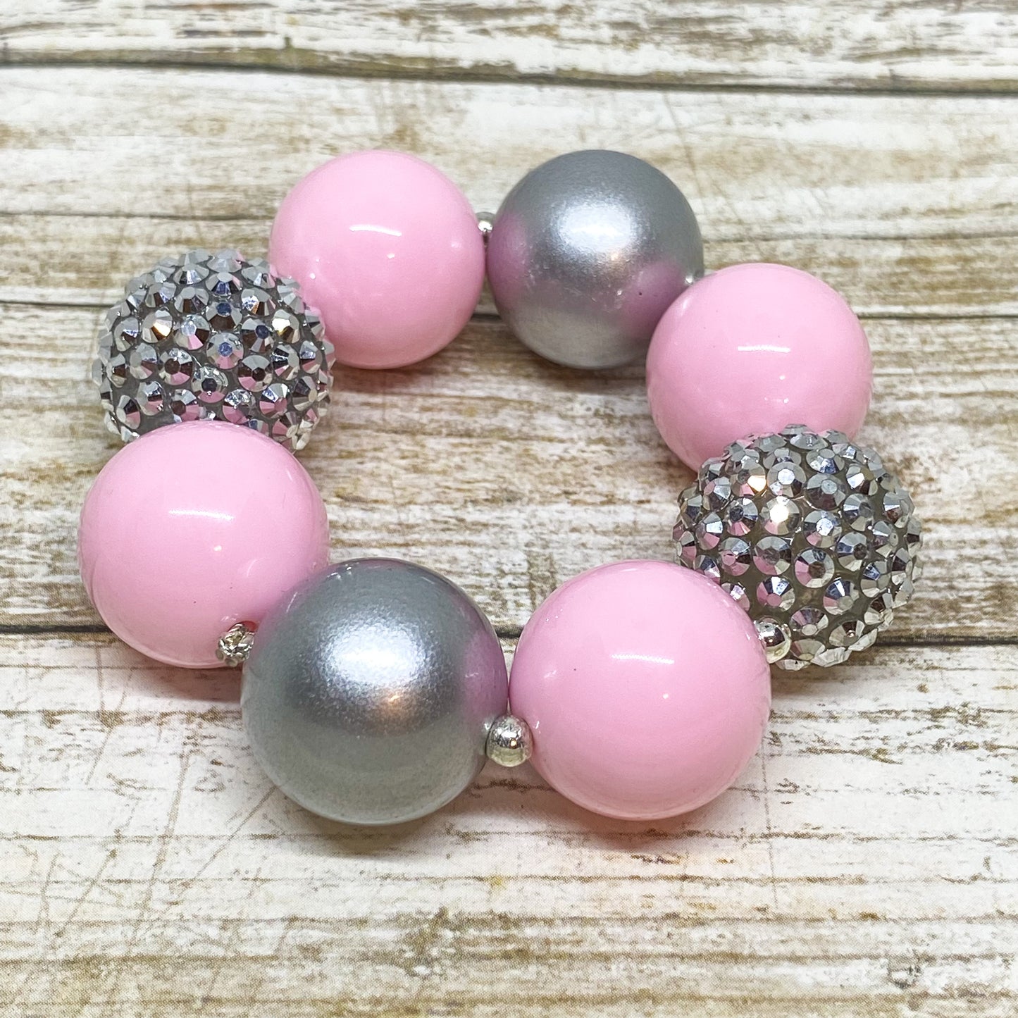 Pink and Silver Bubblegum Necklace and Bracelet with Rhinestone Bow