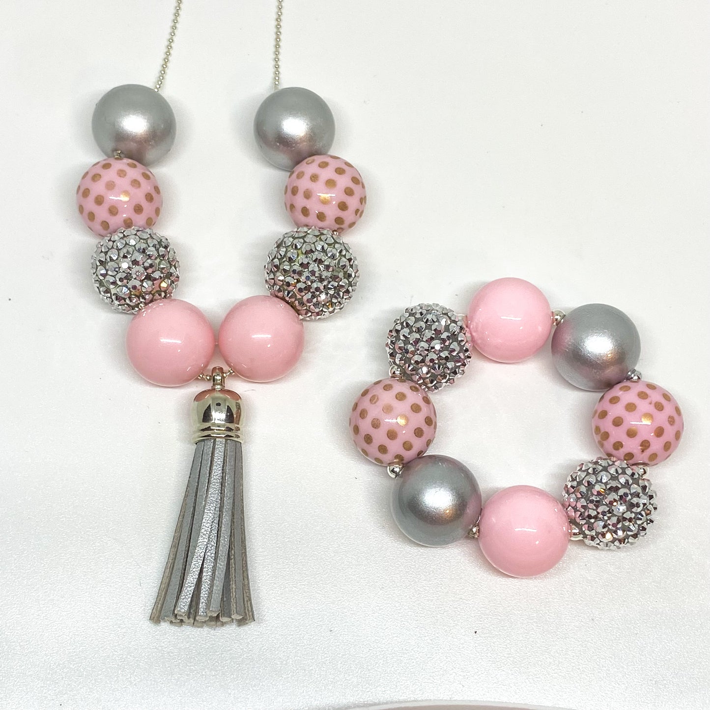 Pink and Silver Tassel Necklace and Bracelet