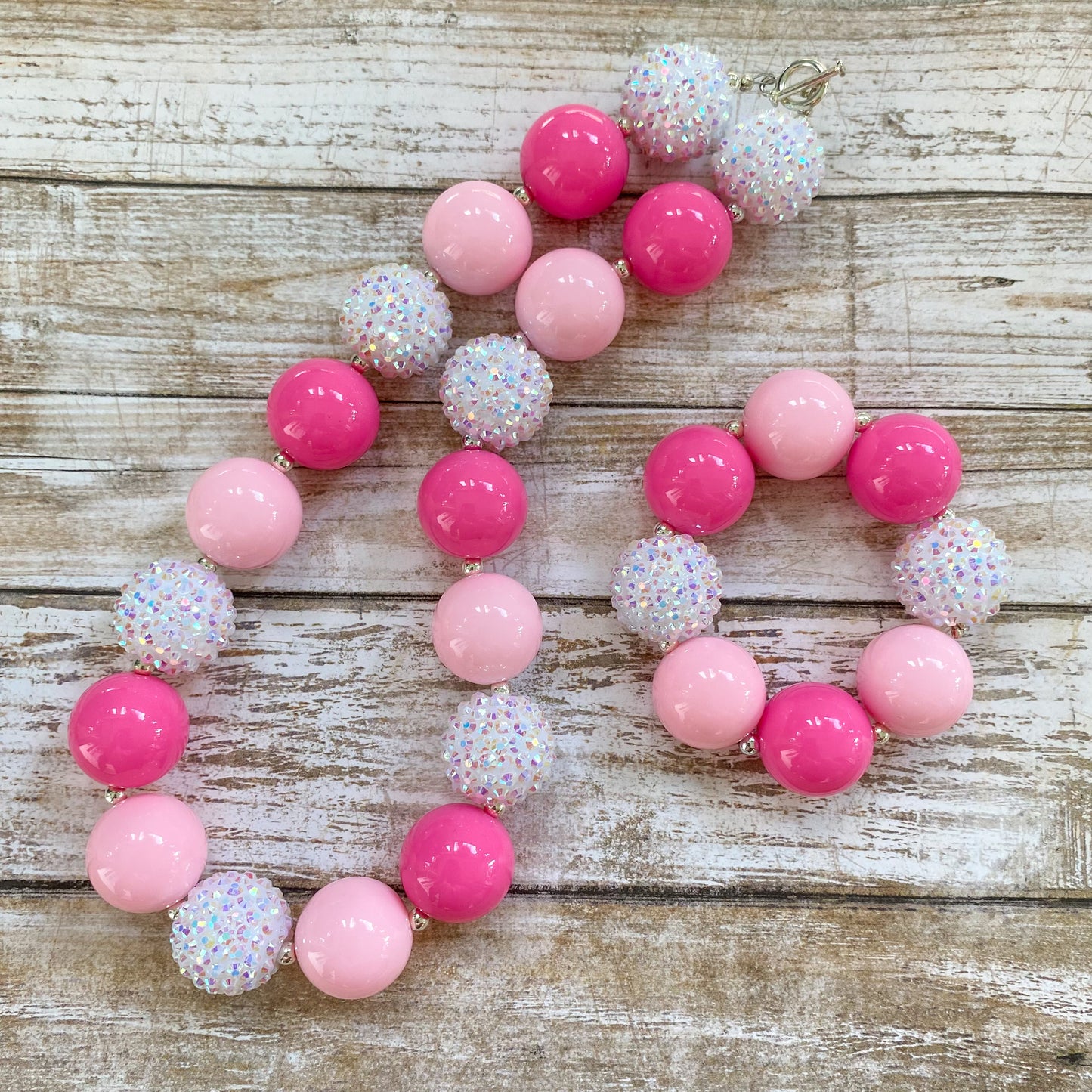 Pink and White Chunky Bubblegum Necklace and Bracelet Set