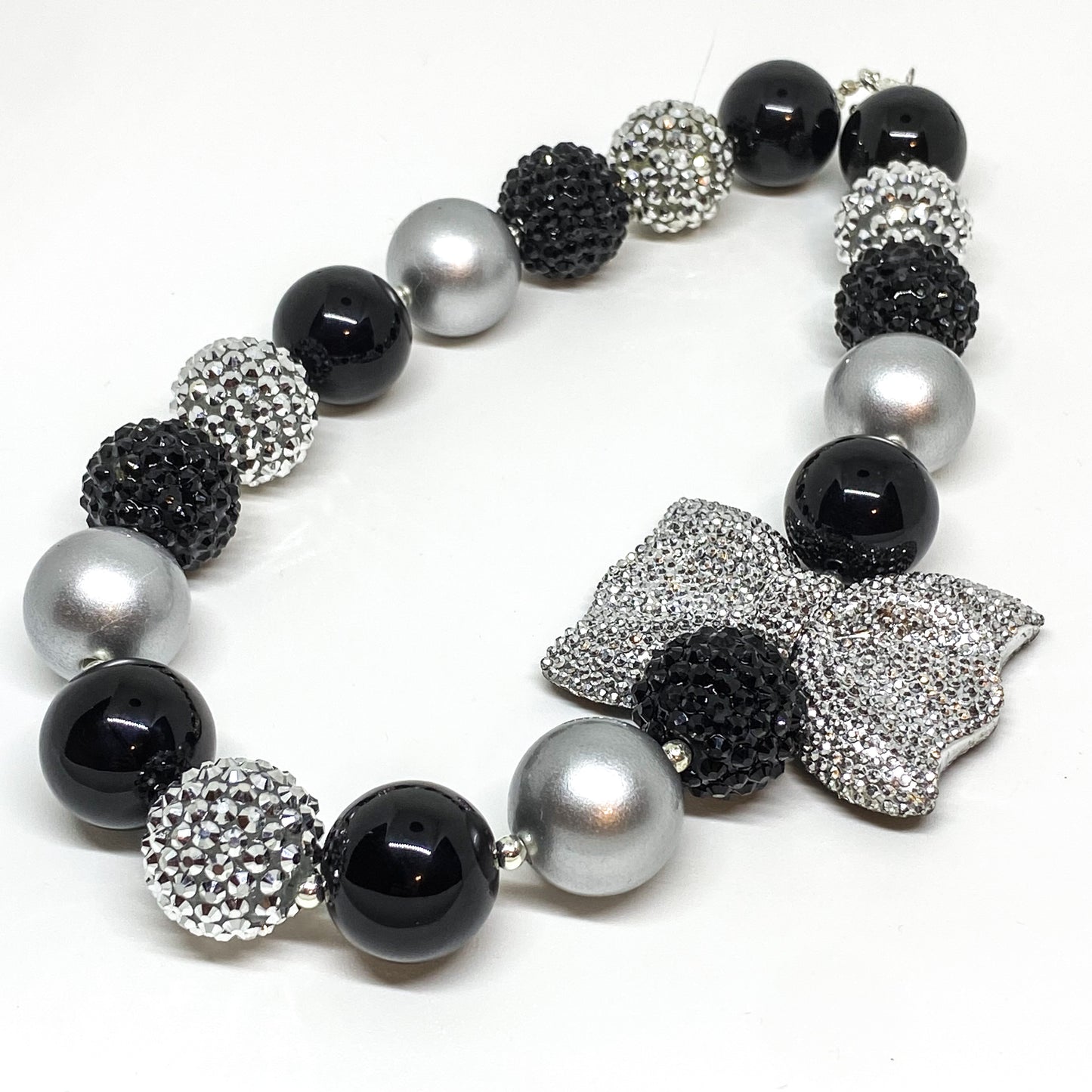 Black and Silver Bubblegum Necklace and Bracelet With Sparkle Bow