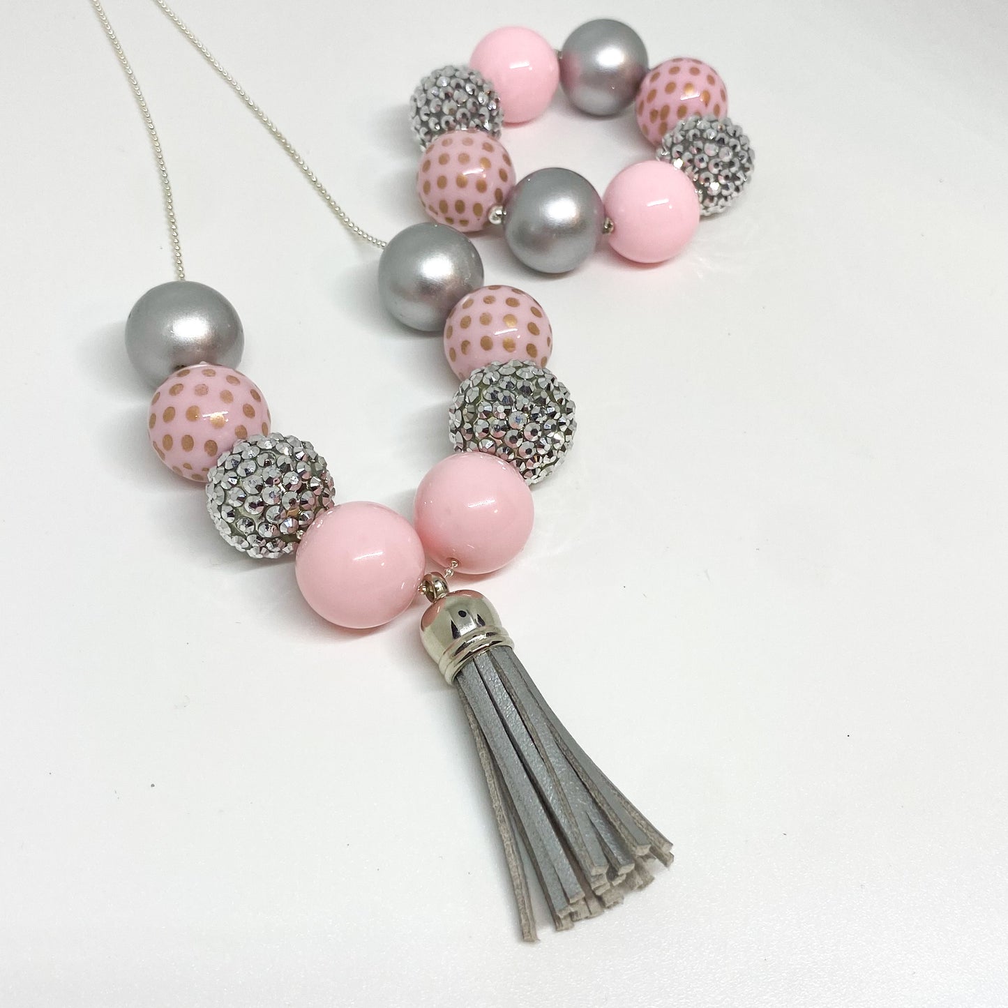 Pink and Silver Tassel Necklace and Bracelet