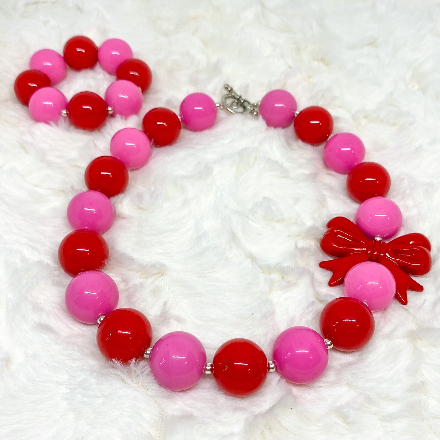 Valentine's Bubblegum Necklace and Bracelet with Red Bow