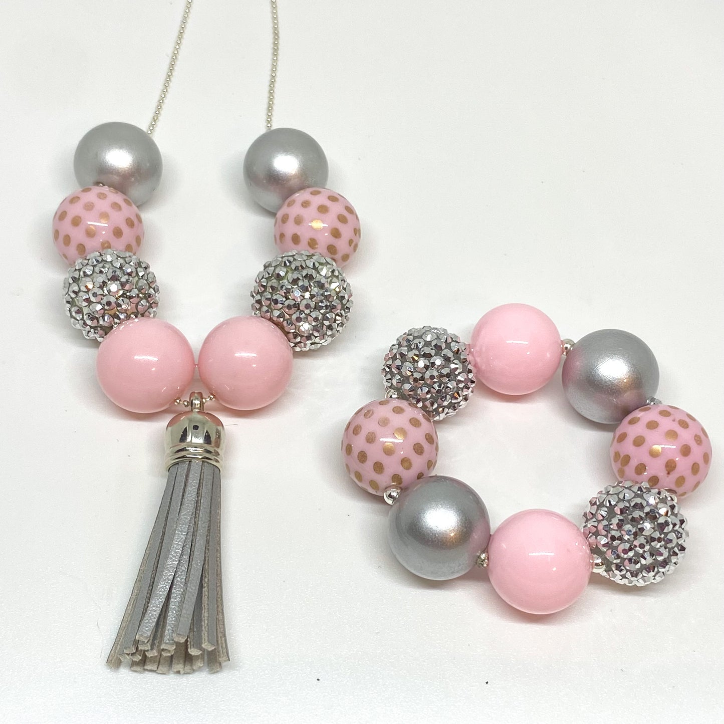Pink and Silver Tassel Necklace and Bracelet