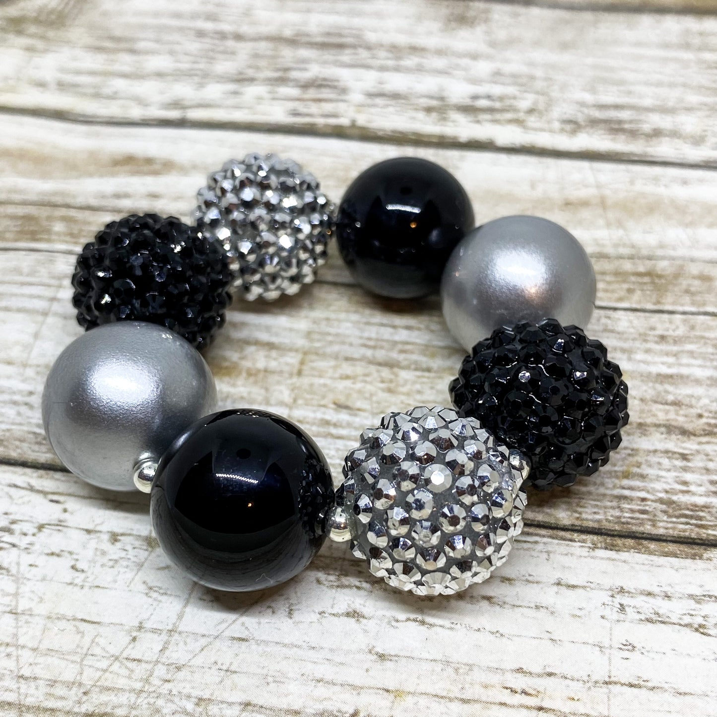 Black and Silver Bubblegum Necklace and Bracelet With Sparkle Bow