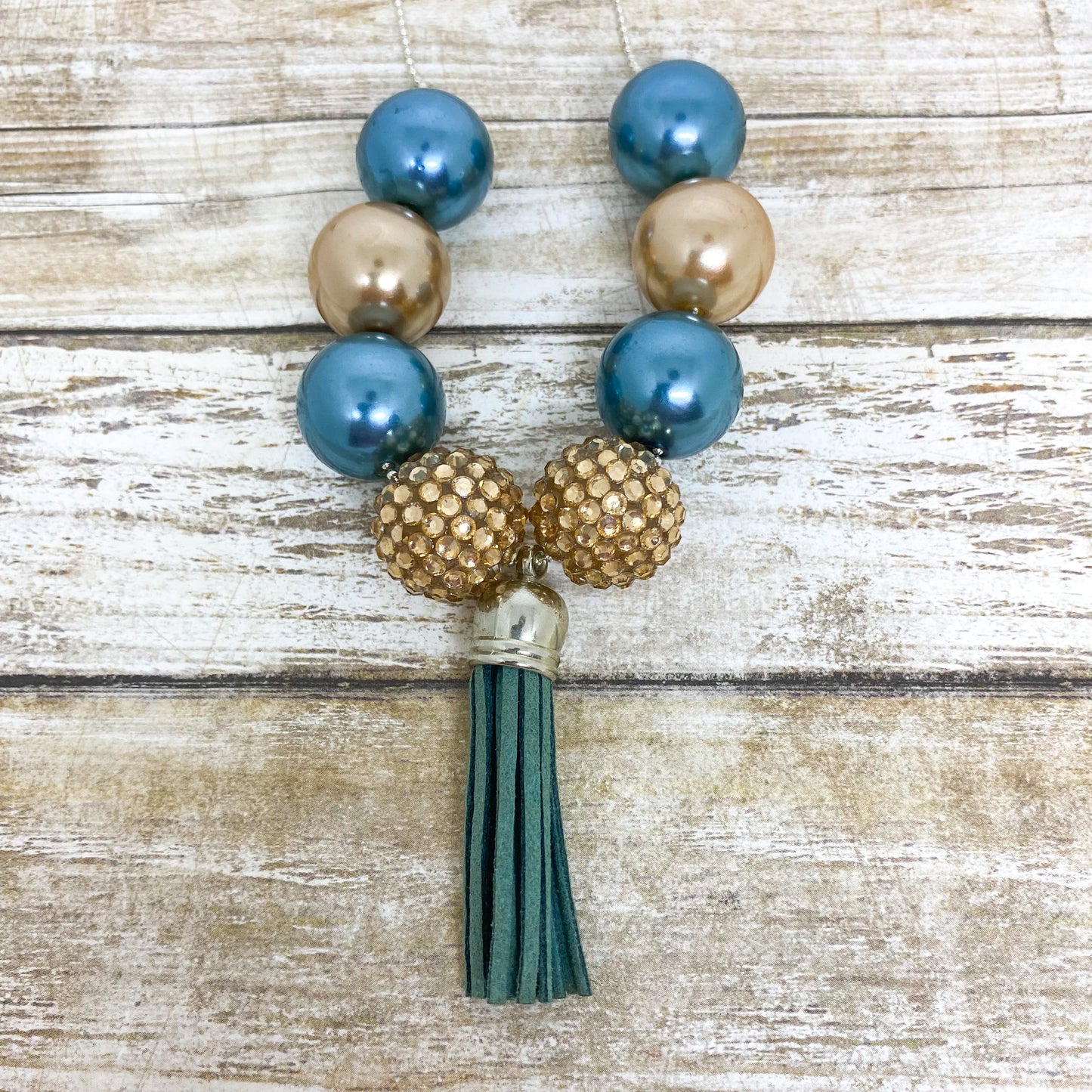 Teal and Gold Tassel Necklace and Bracelet