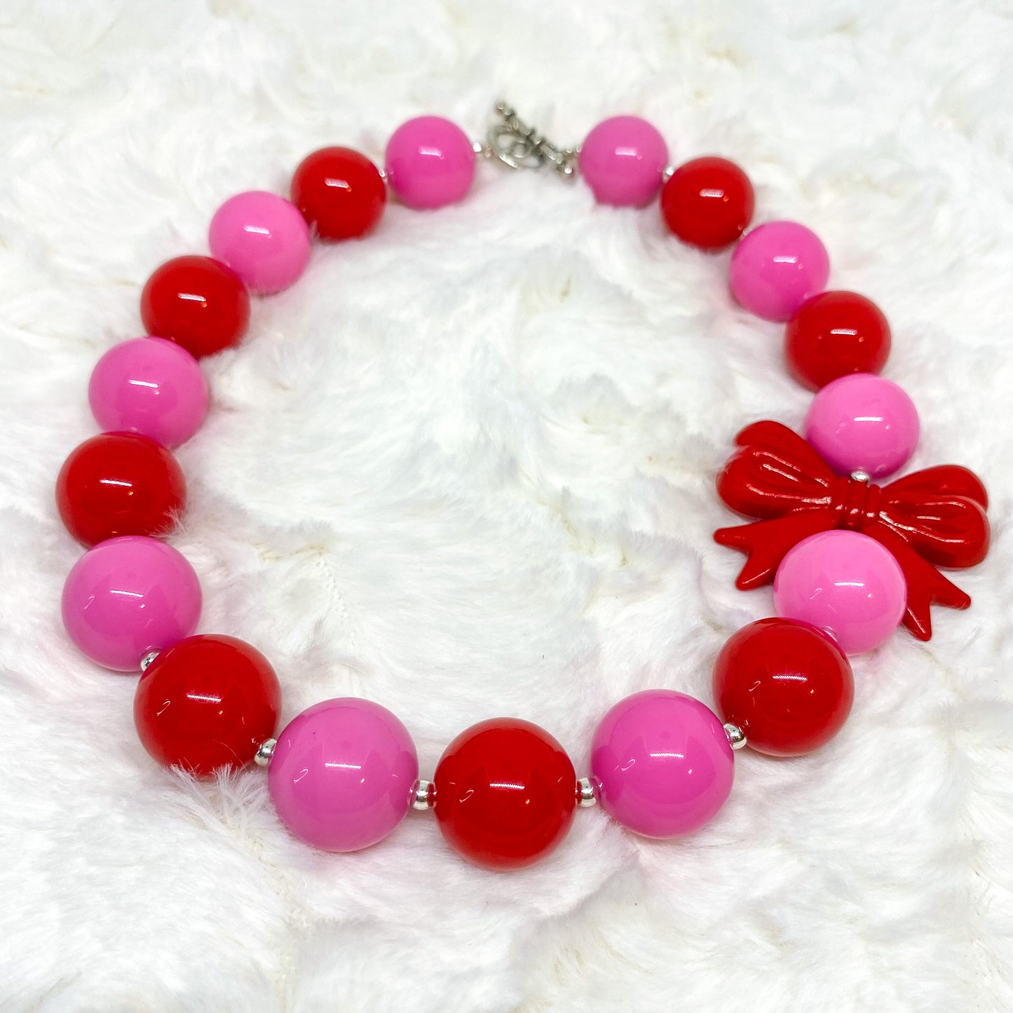 Valentine's Bubblegum Necklace and Bracelet with Red Bow
