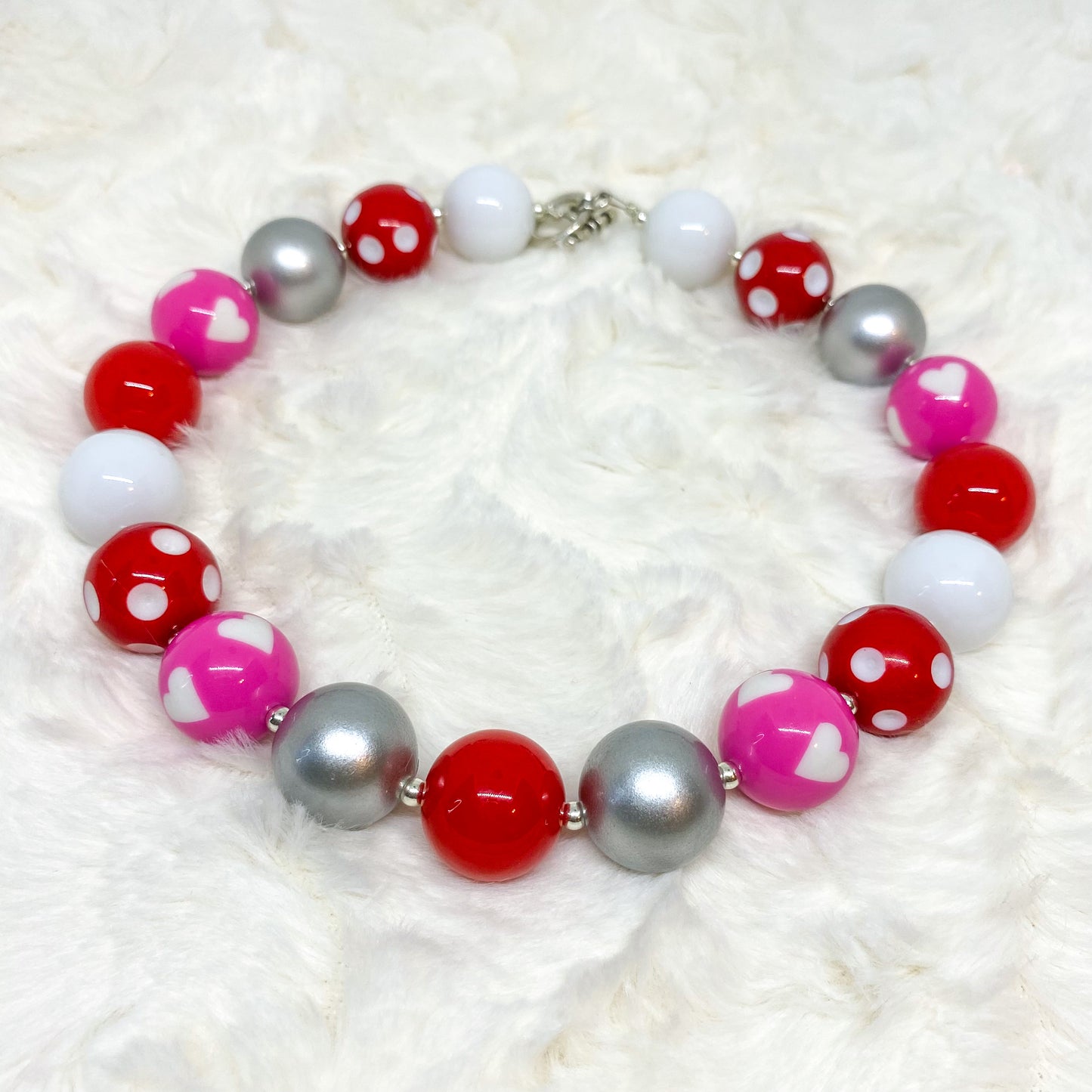 Valentine's Day Red, Silver and Pink Bubblegum Necklace and Bracelet Set