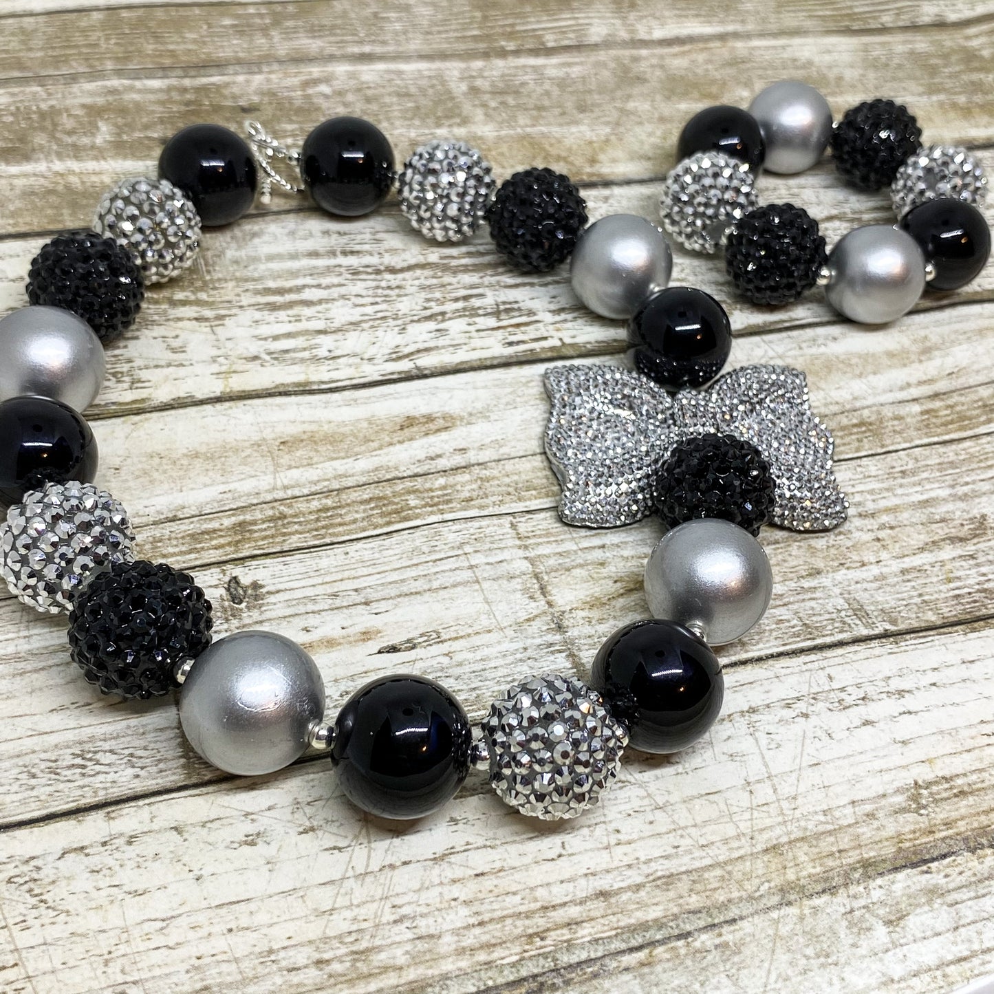 Black and Silver Bubblegum Necklace and Bracelet With Sparkle Bow