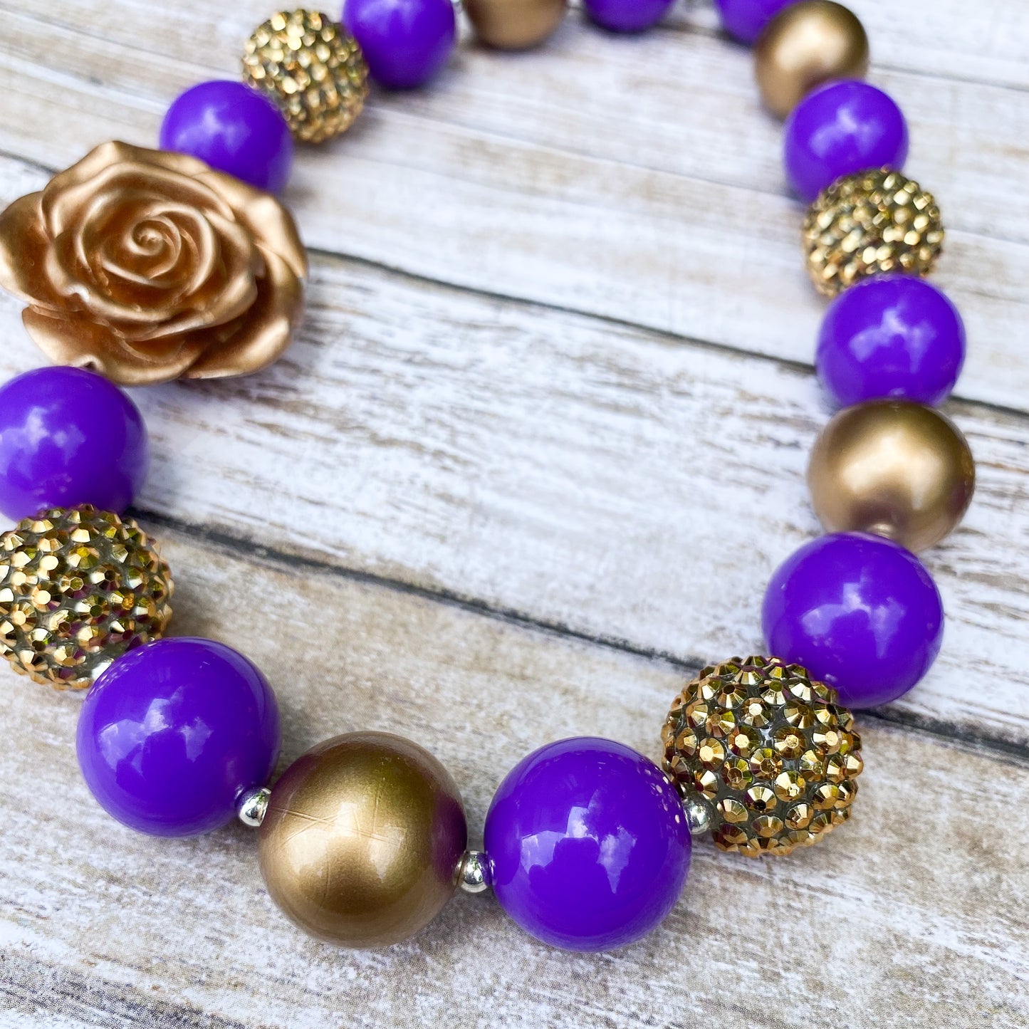 Purple and Gold Bubblegum Necklace and Bracelet with Gold Flower Charm