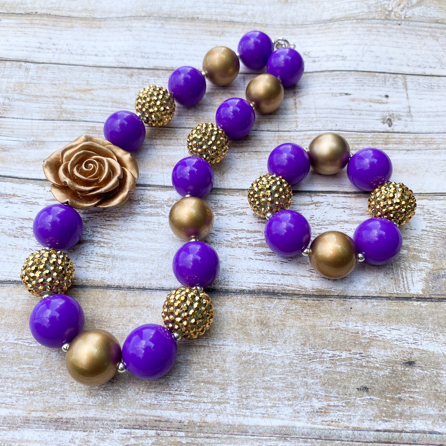 Purple and Gold Bubblegum Necklace and Bracelet with Gold Flower Charm