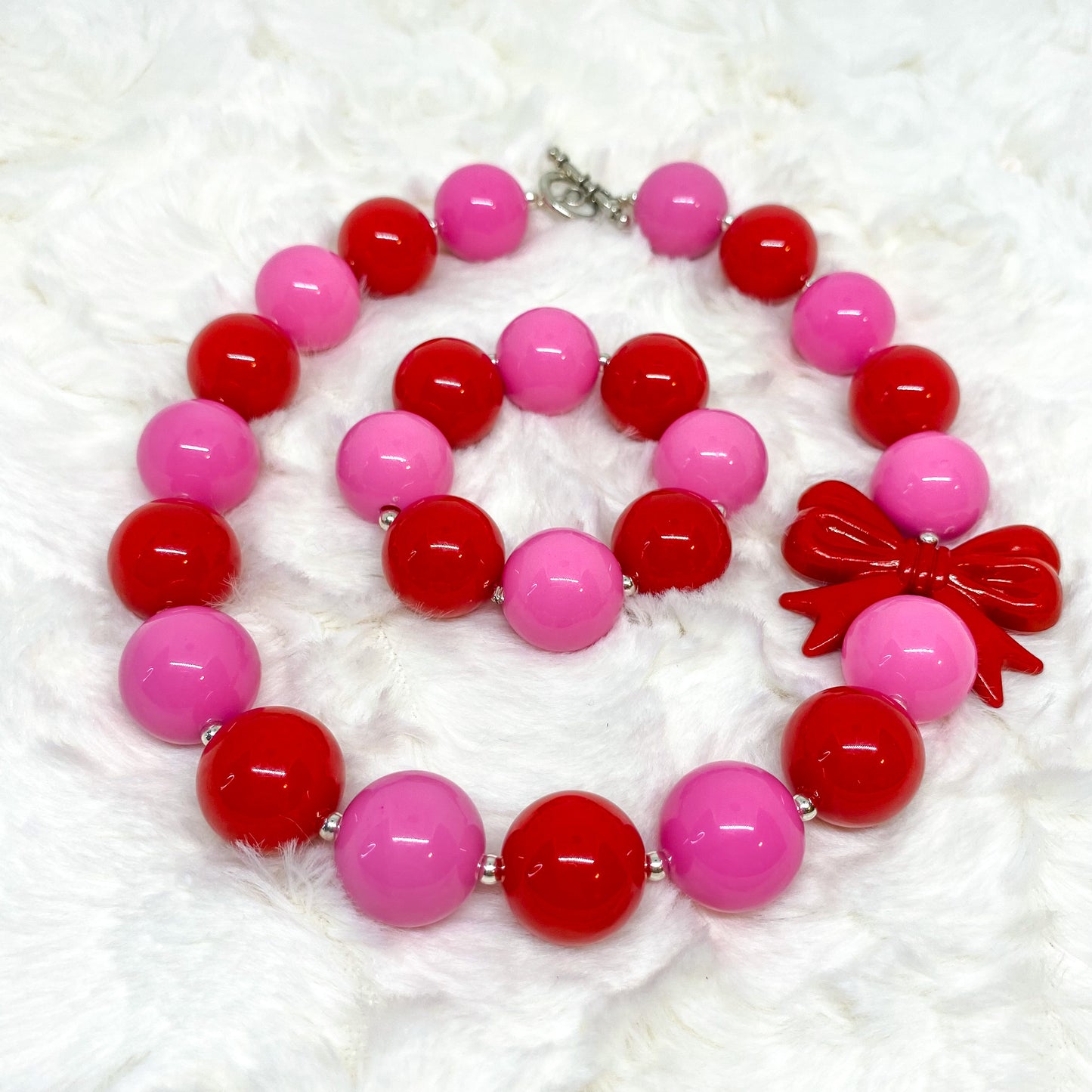 Valentine's Bubblegum Necklace and Bracelet with Red Bow