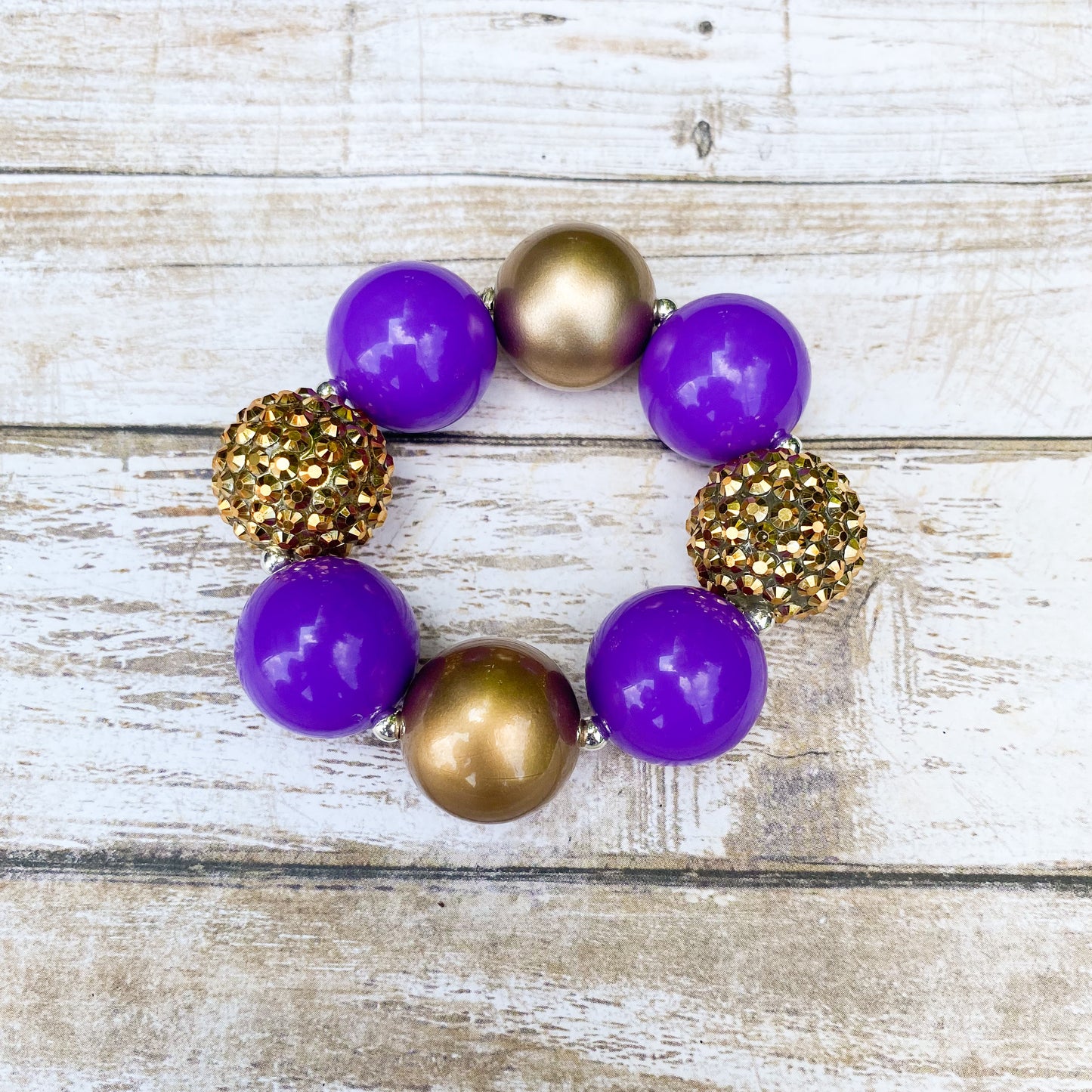 Purple and Gold Bubblegum Necklace and Bracelet with Gold Flower Charm