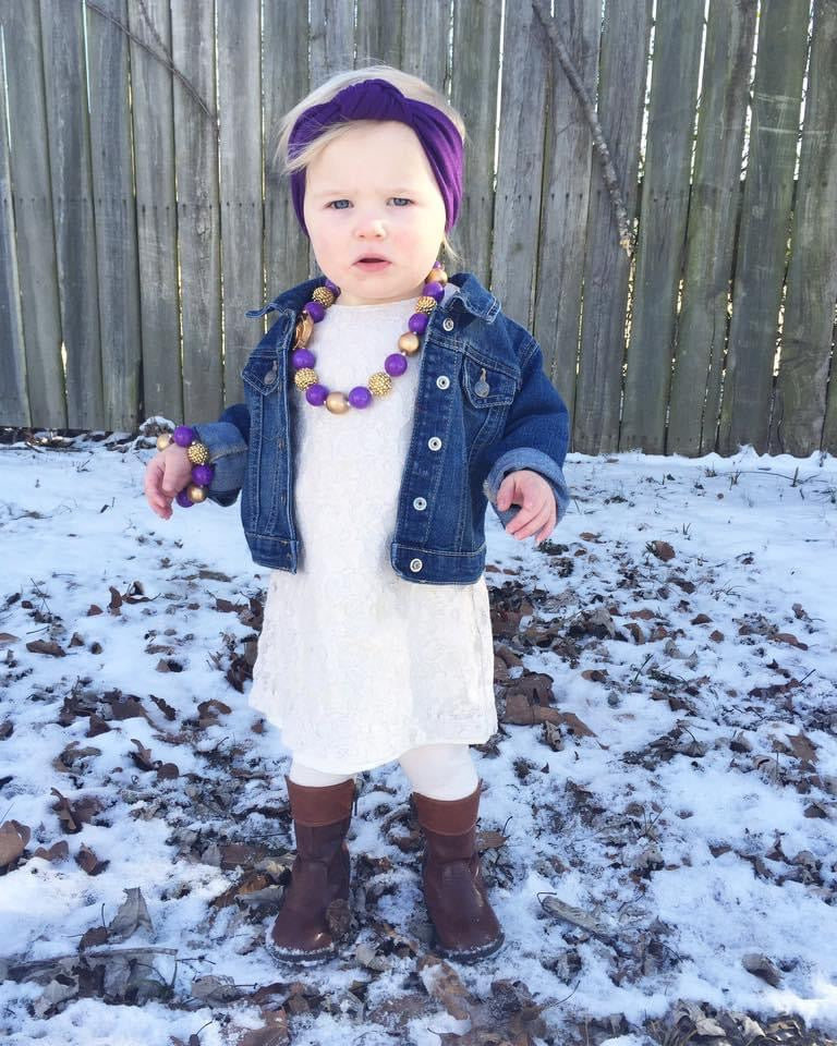 Purple and Gold Bubblegum Necklace and Bracelet with Gold Flower Charm