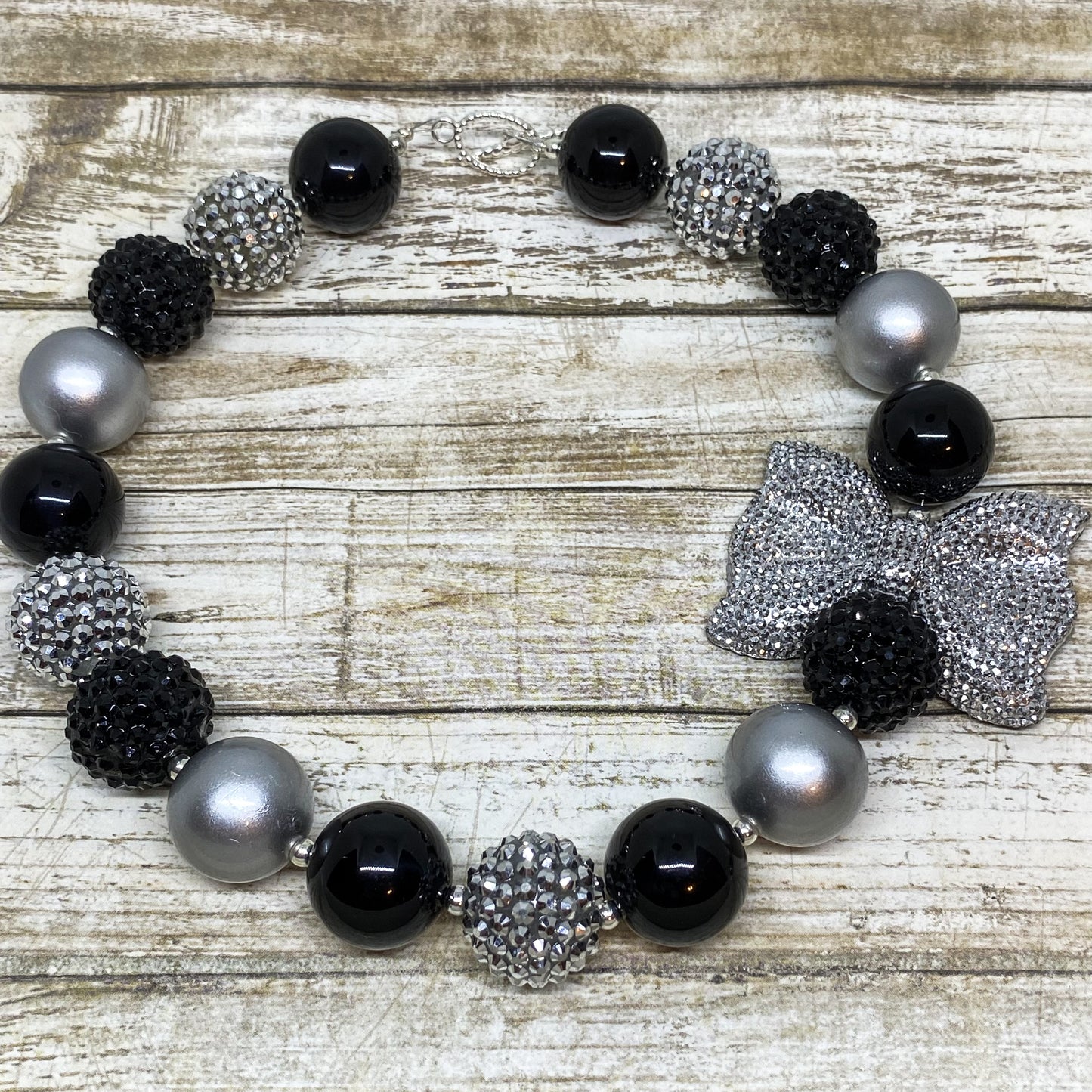 Black and Silver Bubblegum Necklace and Bracelet With Sparkle Bow