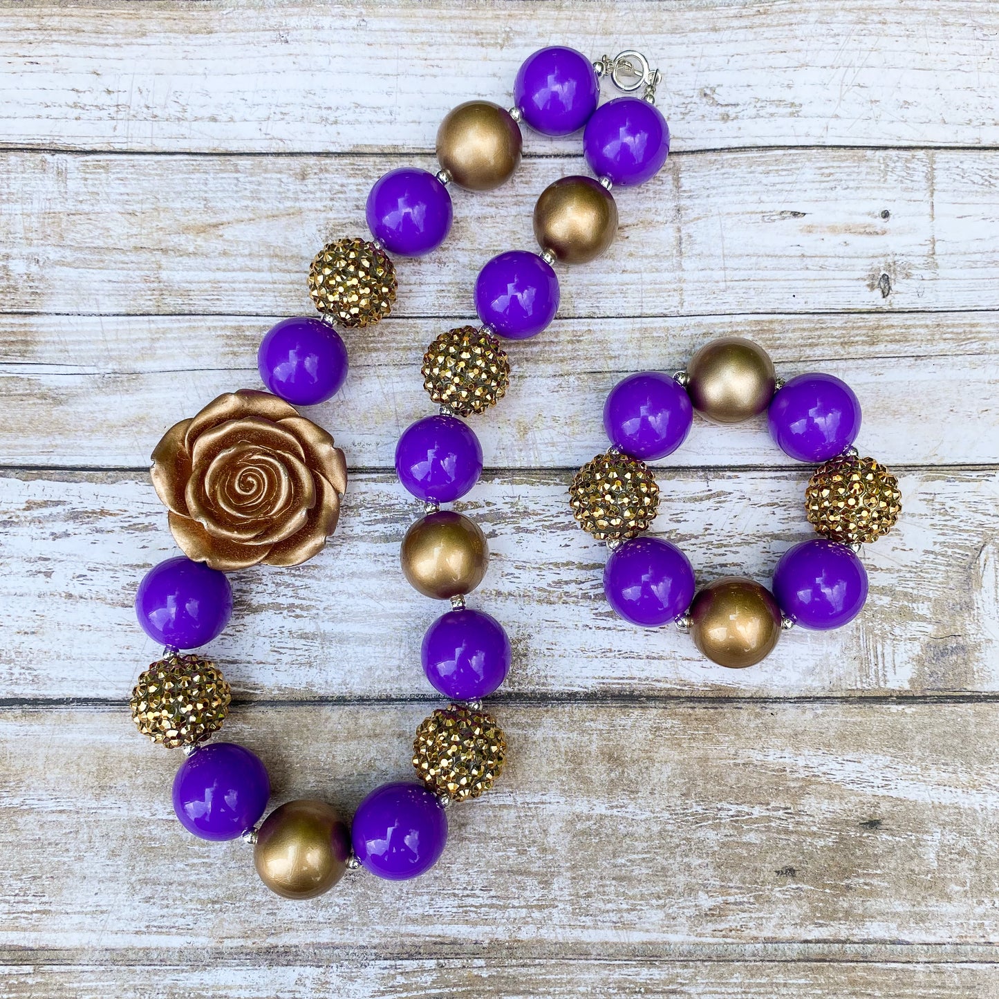 Purple and Gold Bubblegum Necklace and Bracelet with Gold Flower Charm
