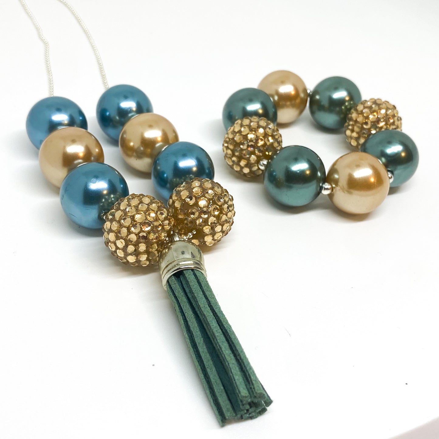 Teal and Gold Tassel Necklace and Bracelet