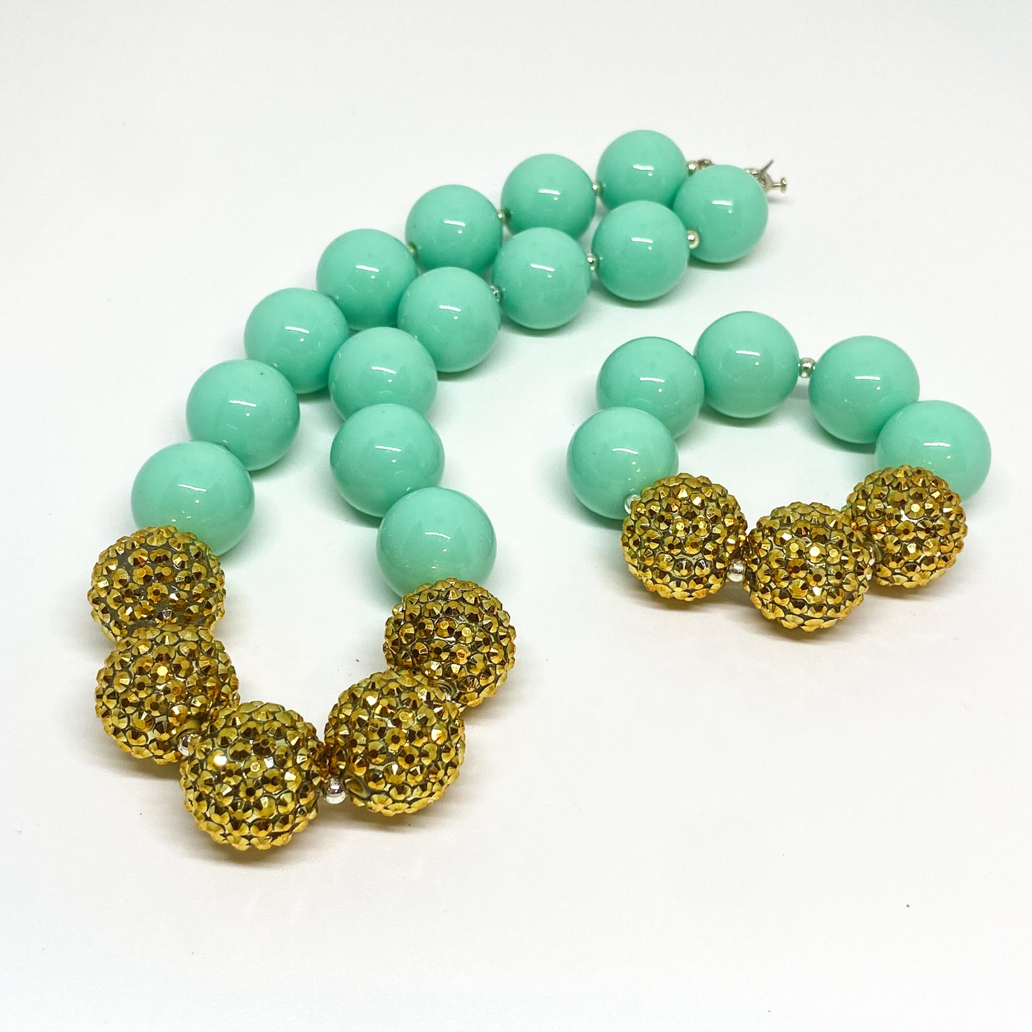 Mint Green and Gold Rhinestone Chunky Bubblegum Necklace and Bracelet