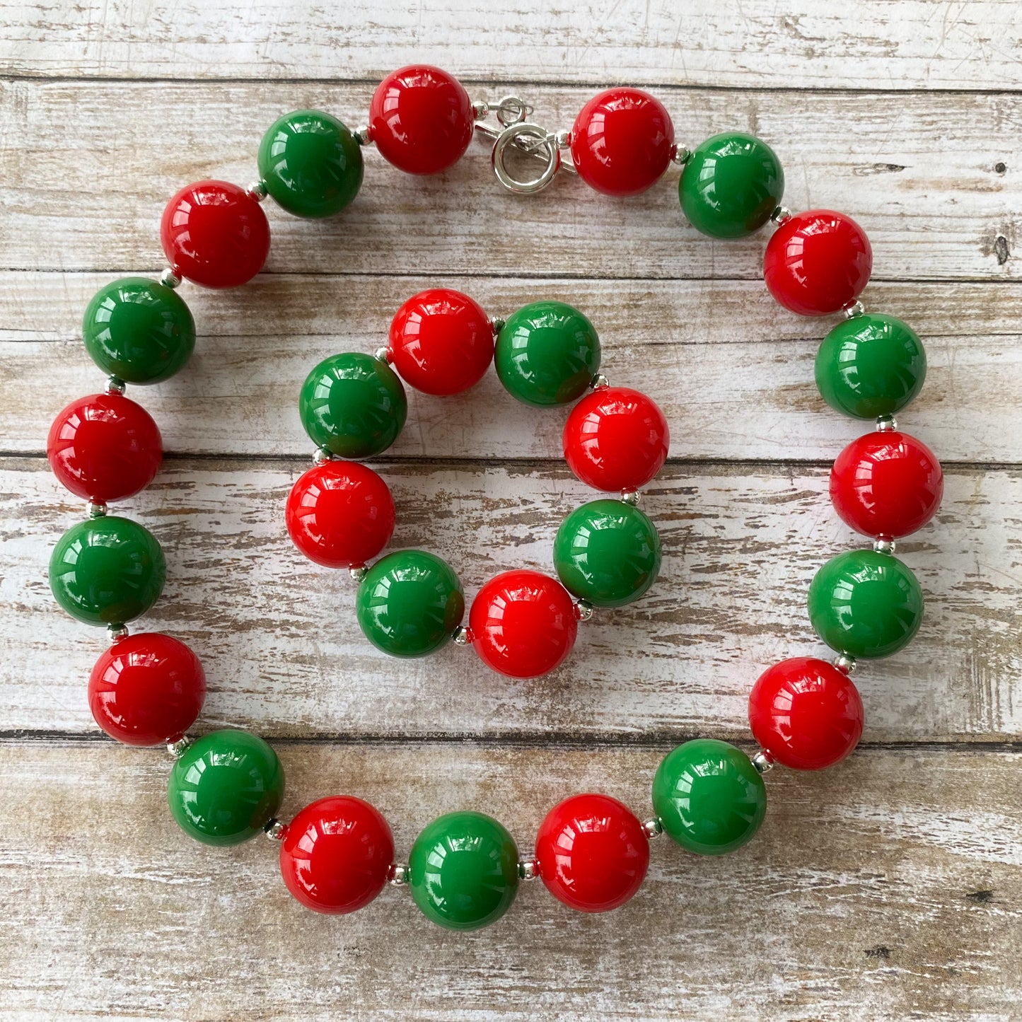 Red and Green Christmas Bubblegum Necklace and Bracelet