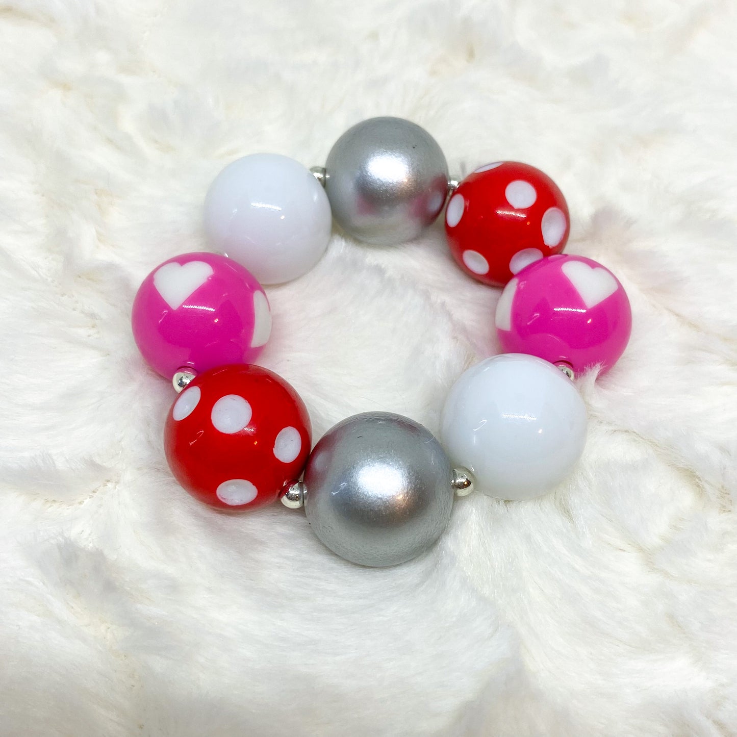 Valentine's Day Red, Silver and Pink Bubblegum Necklace and Bracelet Set