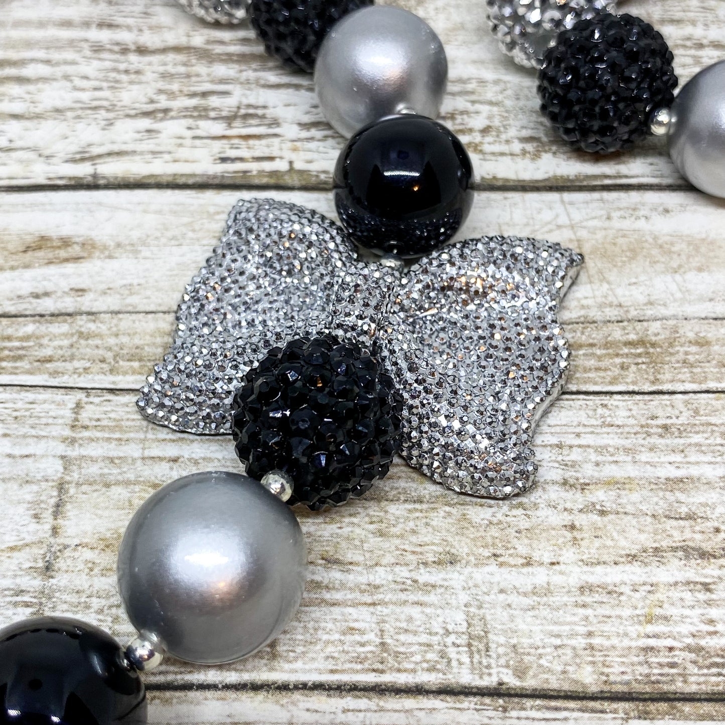 Black and Silver Bubblegum Necklace and Bracelet With Sparkle Bow