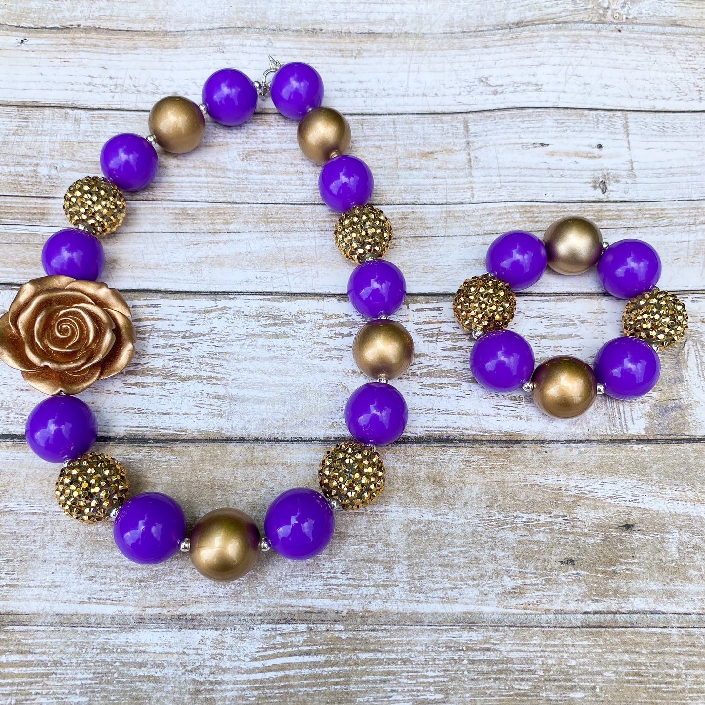 Purple and Gold Bubblegum Necklace and Bracelet with Gold Flower Charm