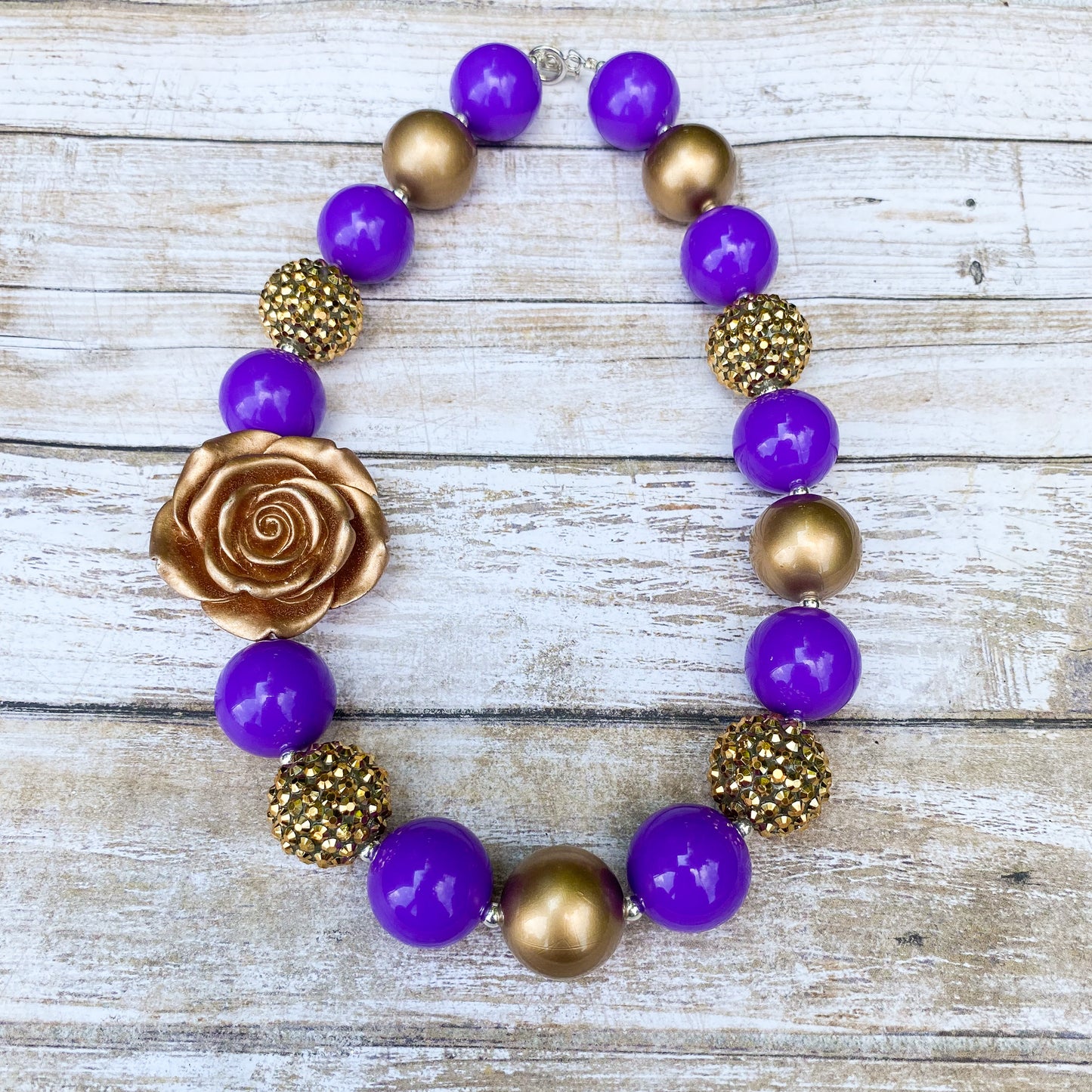 Purple and Gold Bubblegum Necklace and Bracelet with Gold Flower Charm