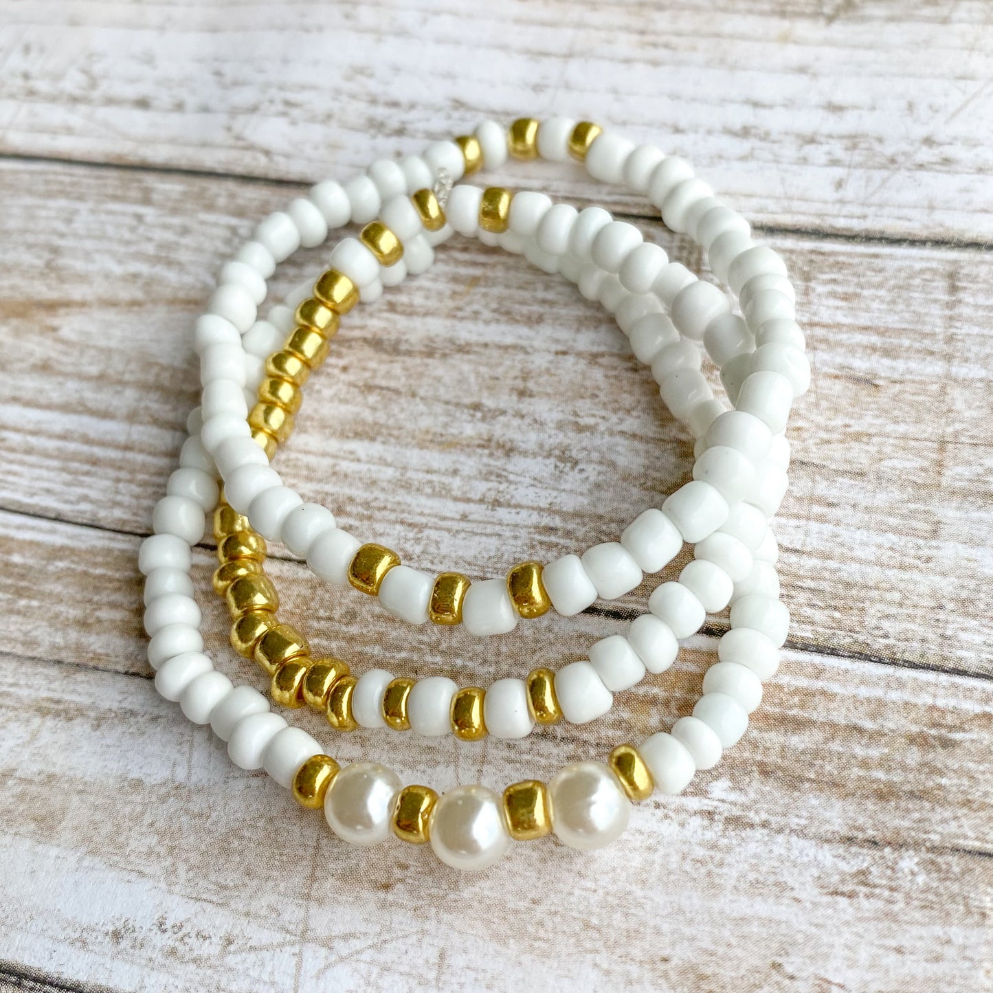 Celeste Bracelet - White and Gold Seed Bead Bracelet Stack with Pearls