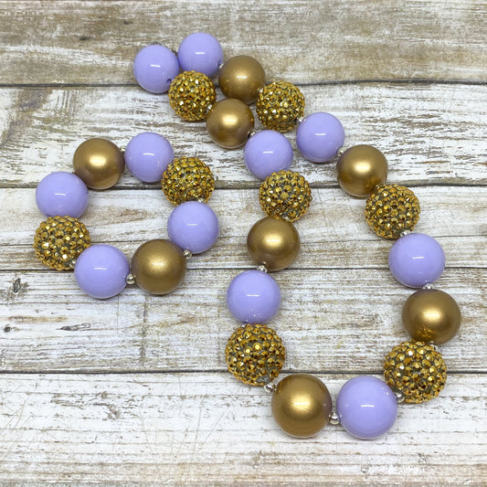 Lavender and Gold Bubblegum Necklace and Bracelet