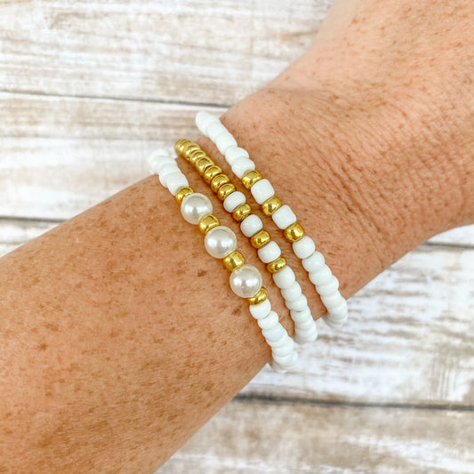 Celeste Bracelet - White and Gold Seed Bead Bracelet Stack with Pearls