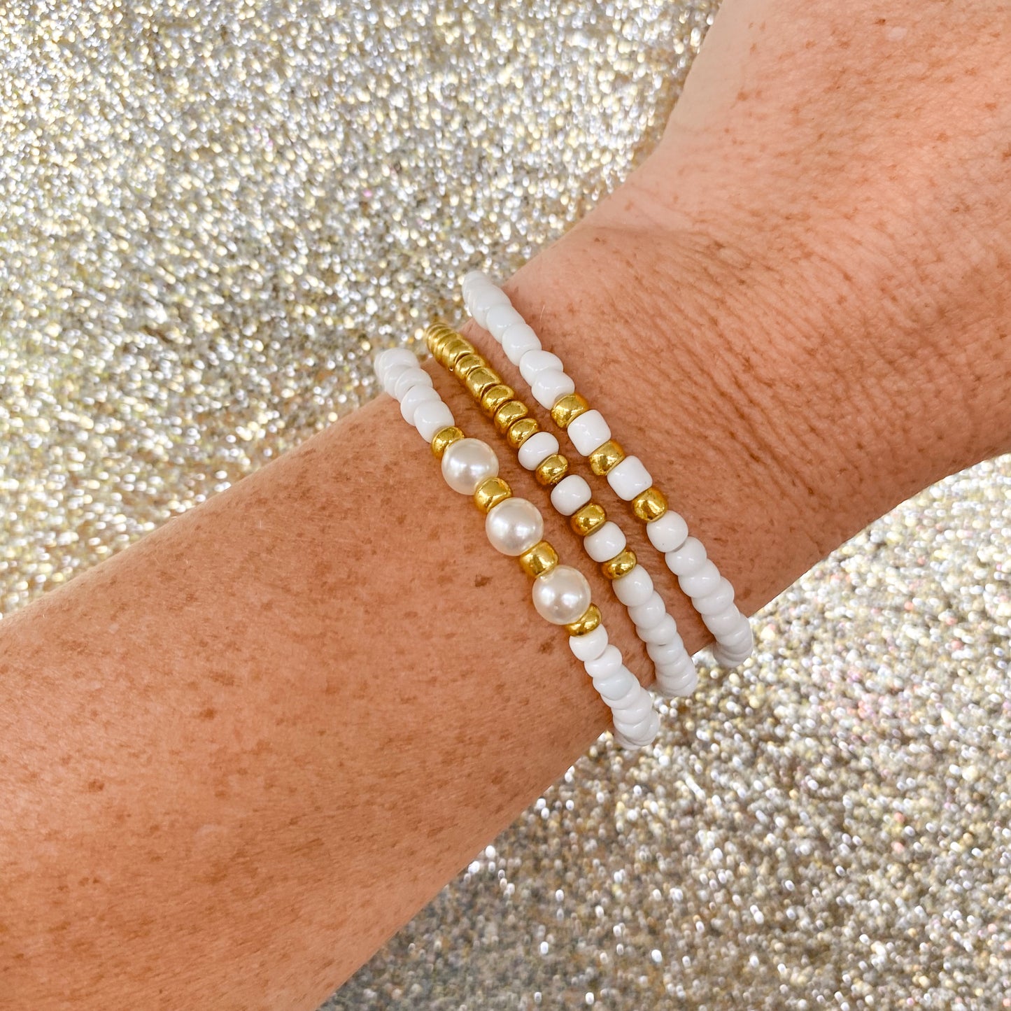 Celeste Bracelet - White and Gold Seed Bead Bracelet Stack with Pearls