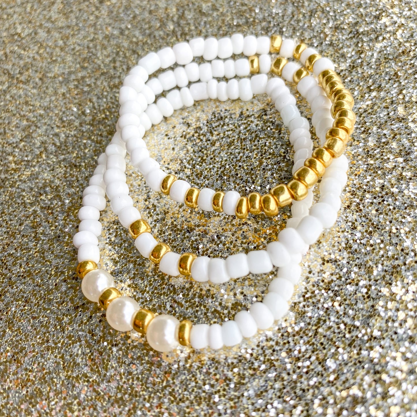 Celeste Bracelet - White and Gold Seed Bead Bracelet Stack with Pearls