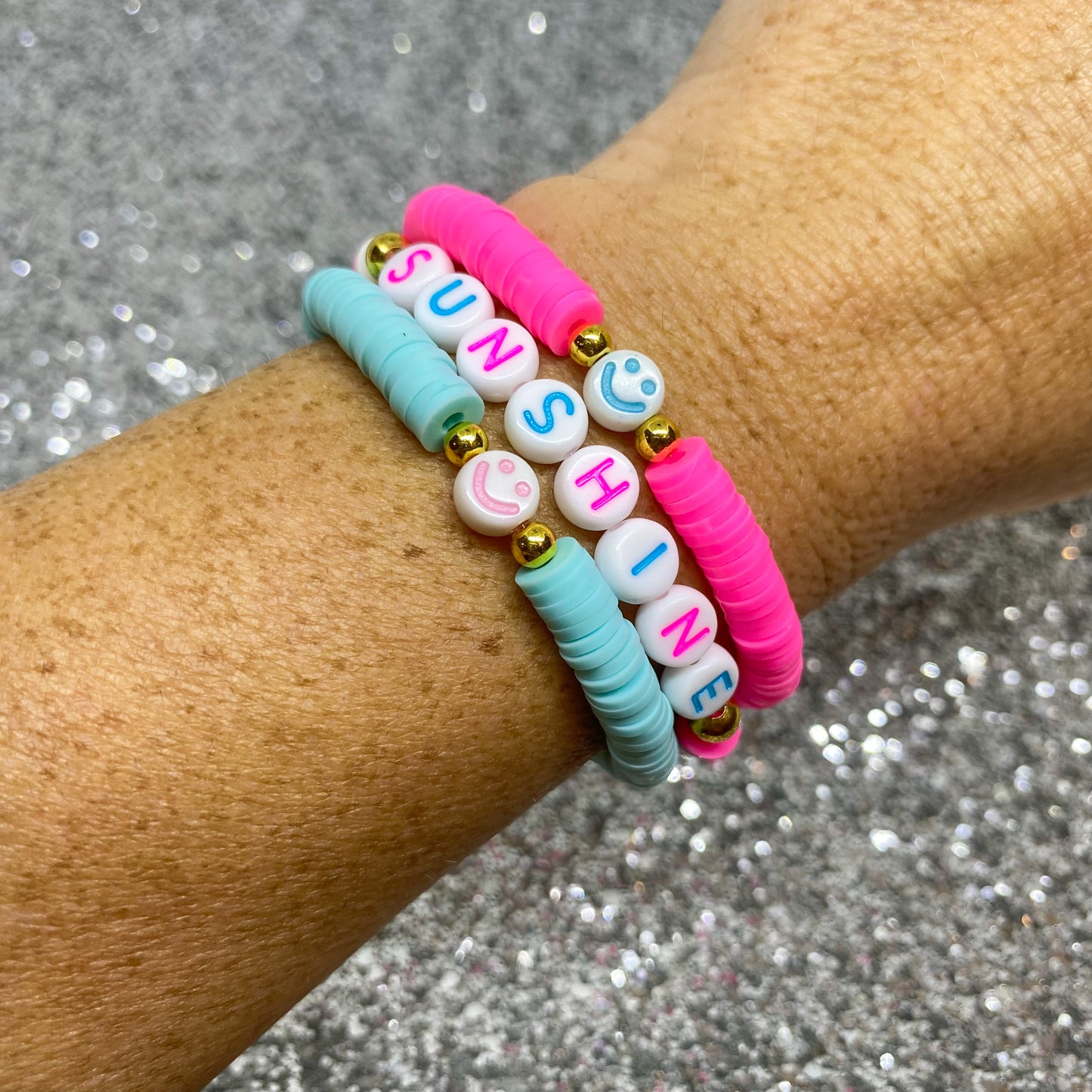 Sunshine Pink and Blue Heishi Bracelet Stack