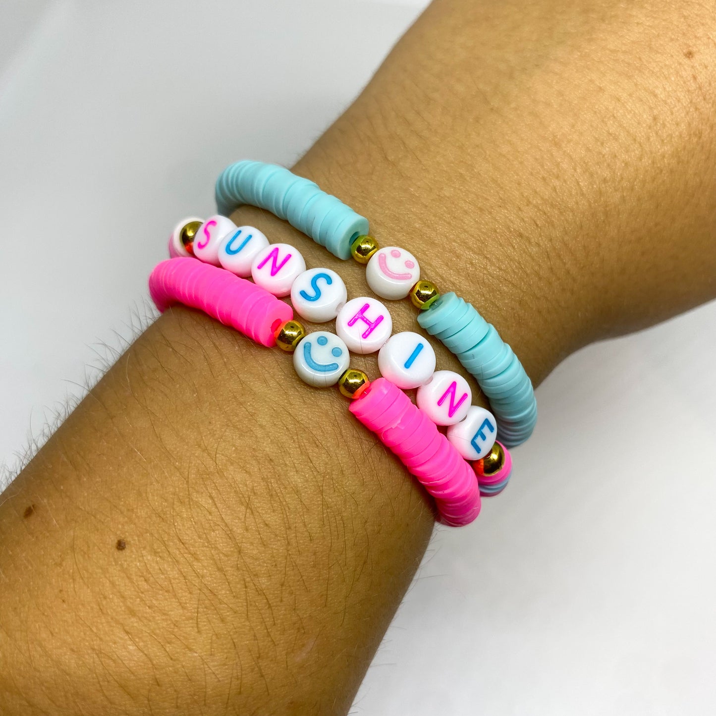 Sunshine Pink and Blue Heishi Bracelet Stack