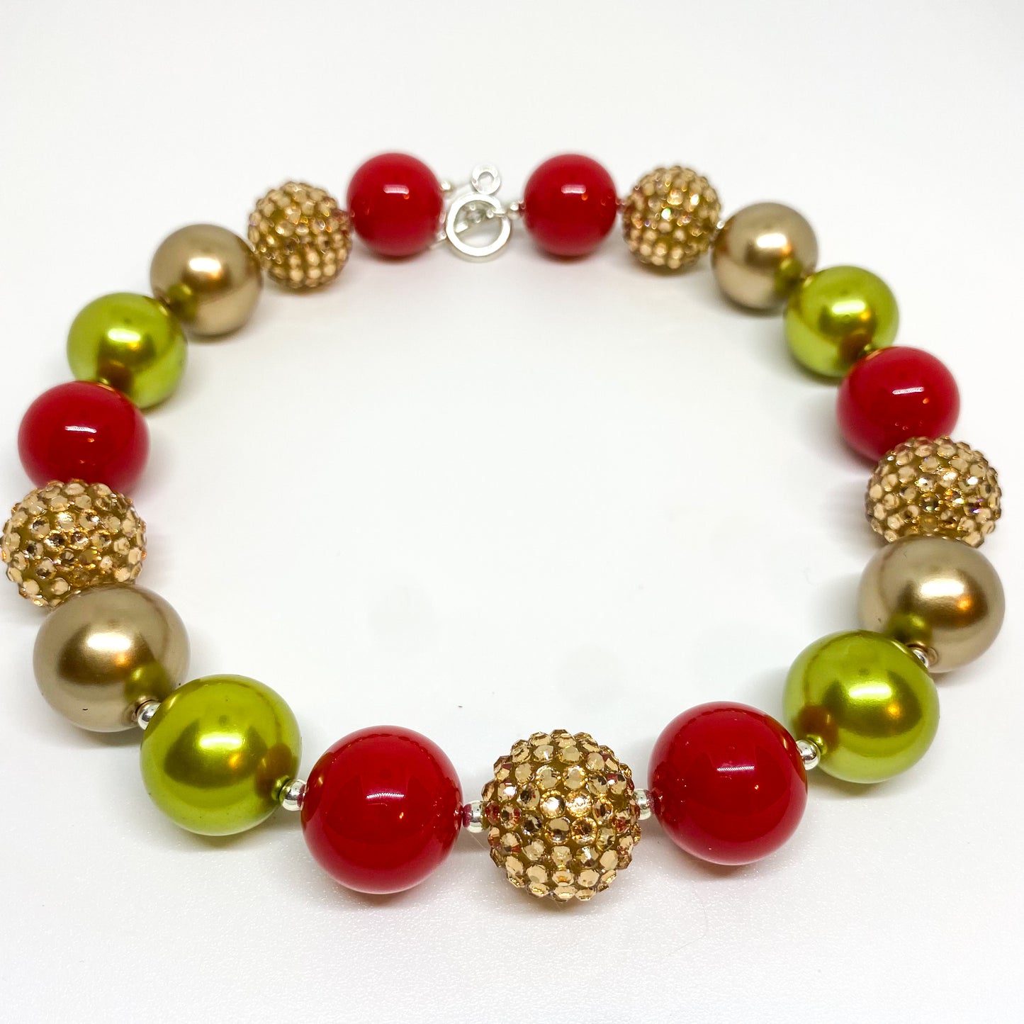 Red Green and Gold Christmas Bubblegum Necklace and Bracelet