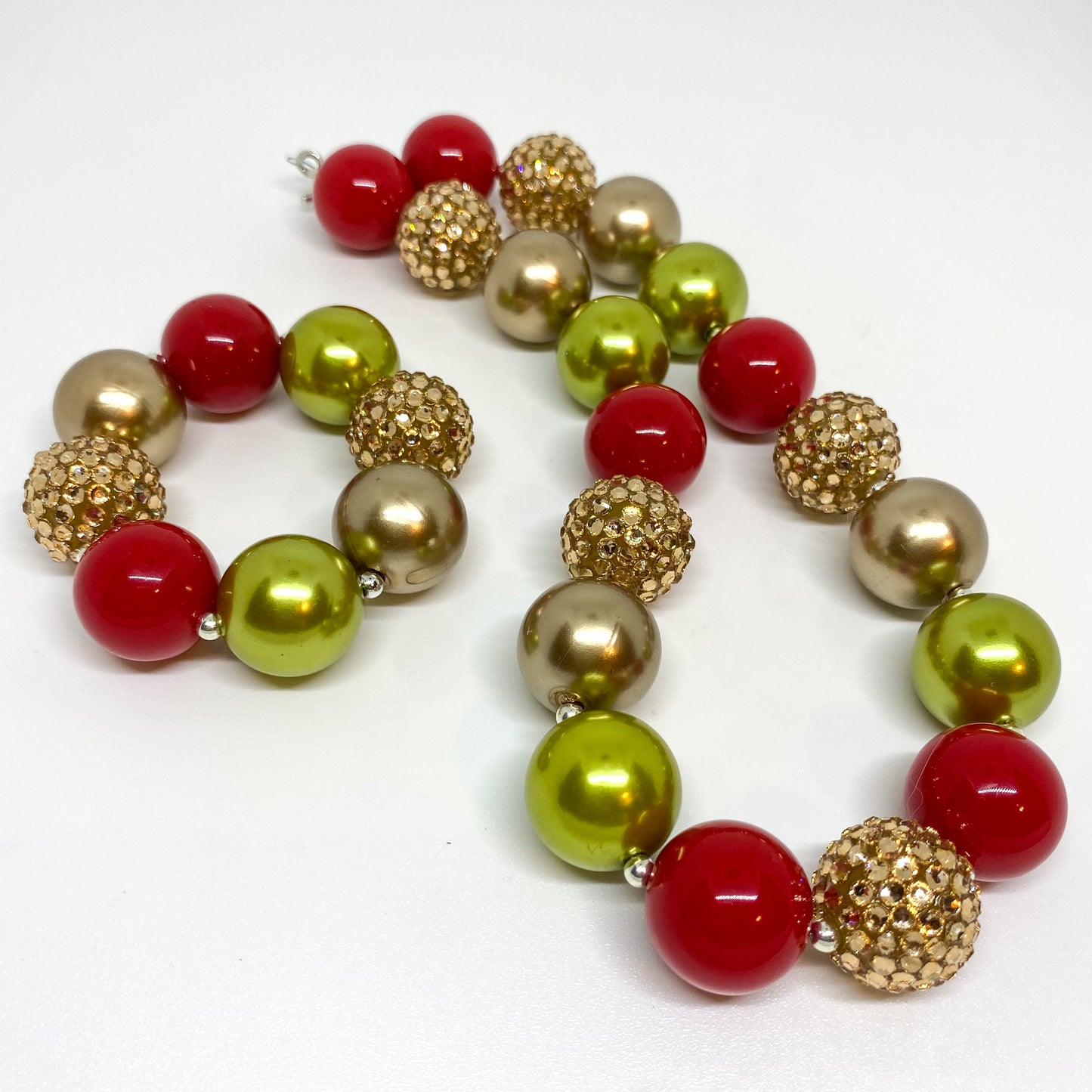 Red Green and Gold Christmas Bubblegum Necklace and Bracelet