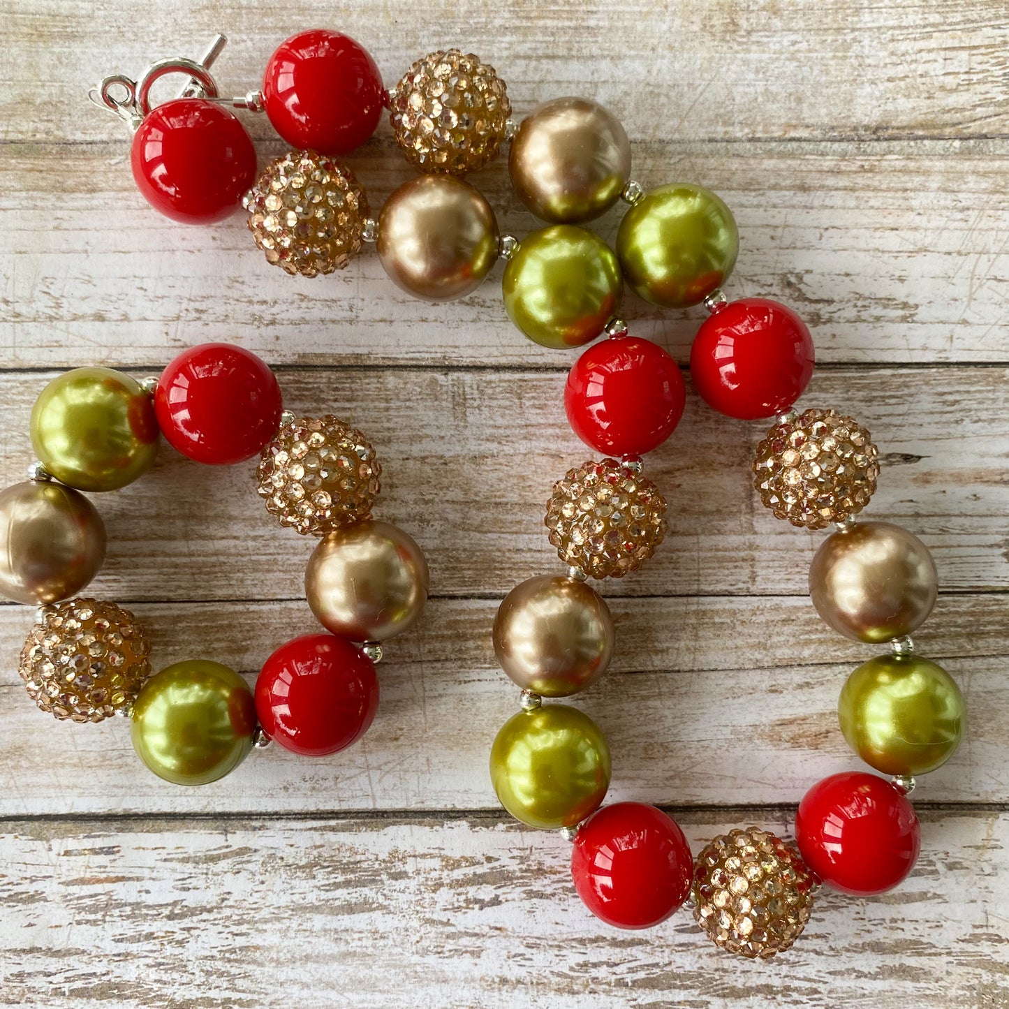 Red Green and Gold Christmas Bubblegum Necklace and Bracelet