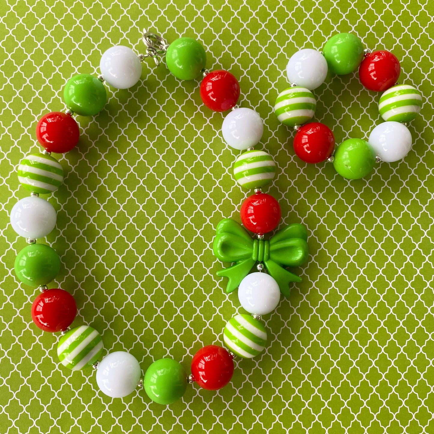 Lime Green and Red Christmas Bubblegum Necklace and Bracelet