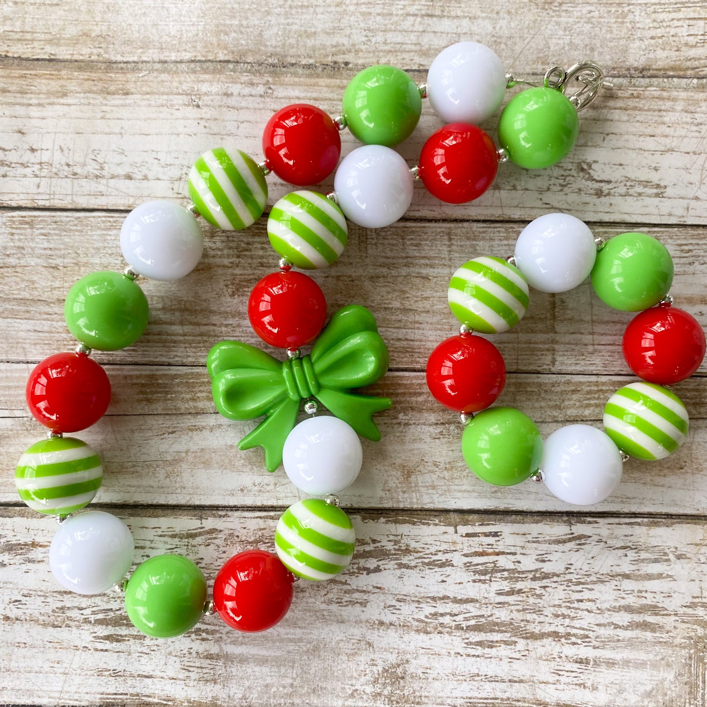 Lime Green and Red Christmas Bubblegum Necklace and Bracelet