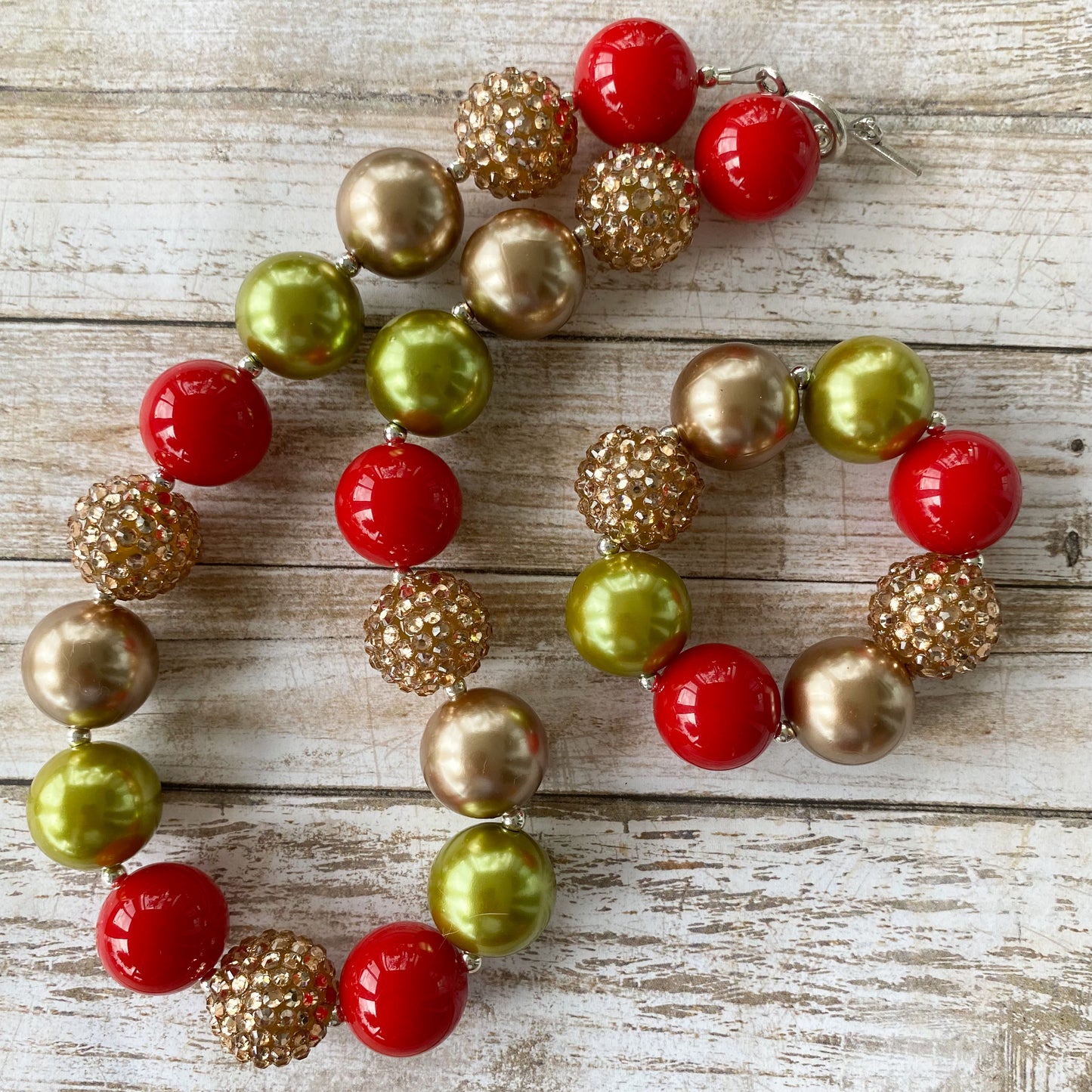 Red Green and Gold Christmas Bubblegum Necklace and Bracelet