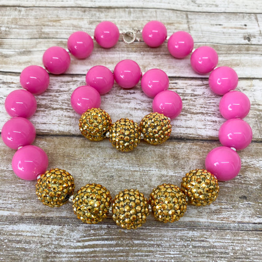 Pink and Gold Bubblegum Necklace and Bracelet