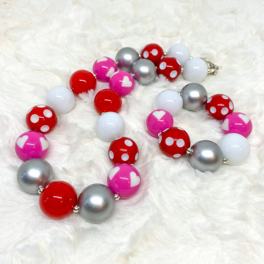 Valentine's Day Red, Silver and Pink Bubblegum Necklace and Bracelet Set