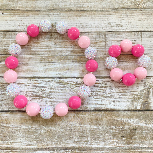 Pink and White Chunky Bubblegum Necklace and Bracelet Set