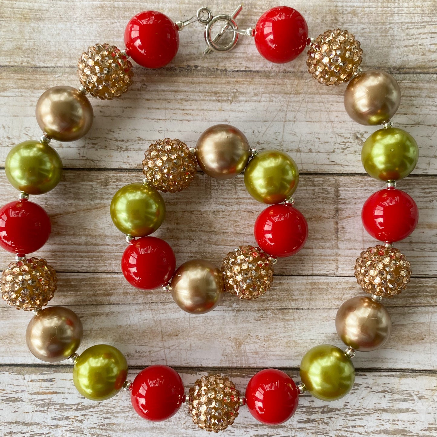 Red Green and Gold Christmas Bubblegum Necklace and Bracelet