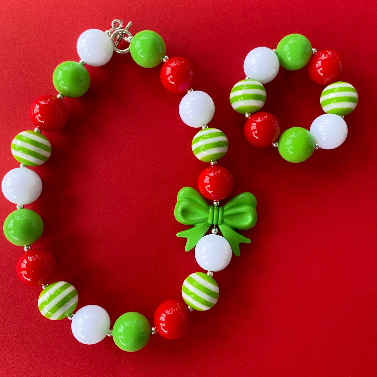 Lime Green and Red Christmas Bubblegum Necklace and Bracelet