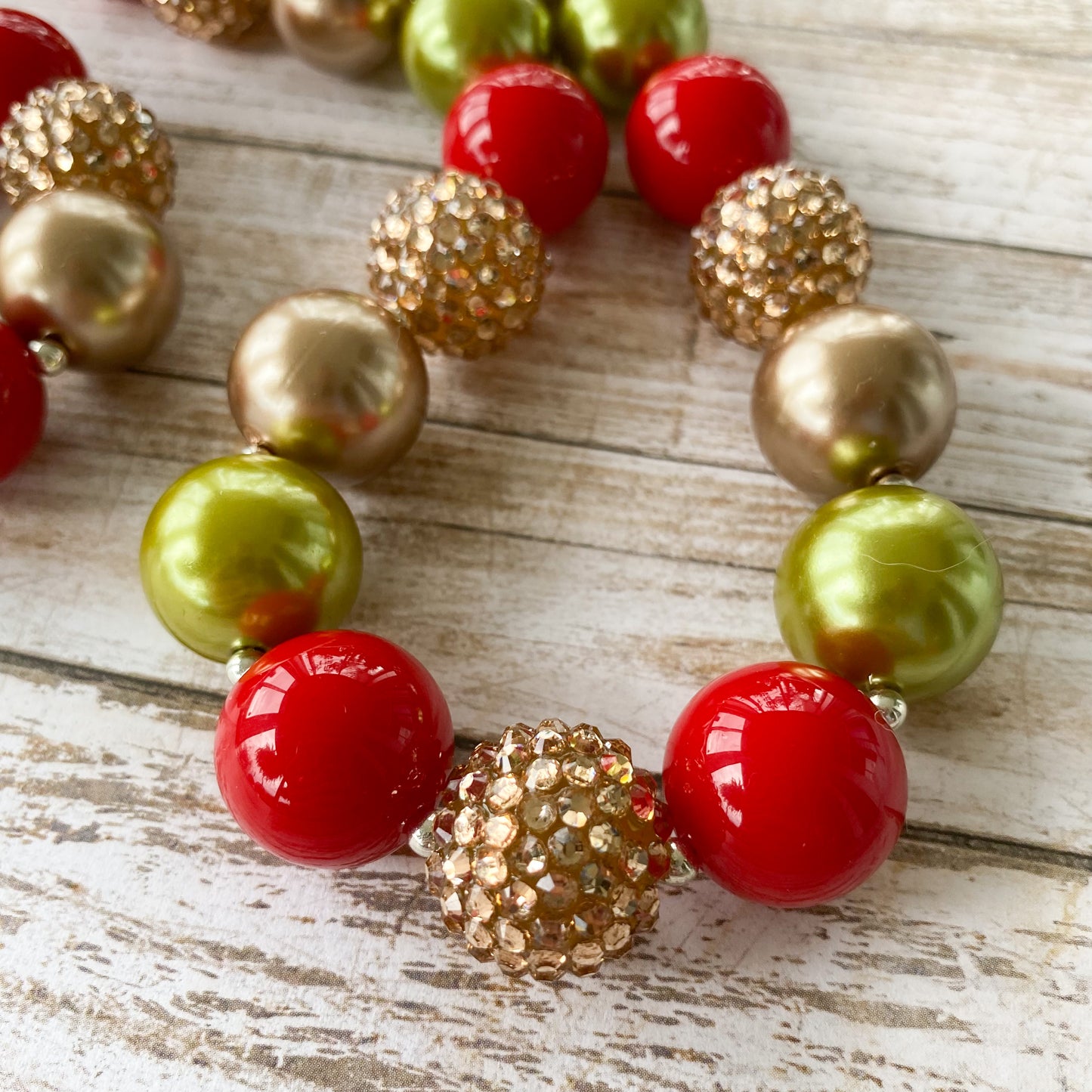 Red Green and Gold Christmas Bubblegum Necklace and Bracelet