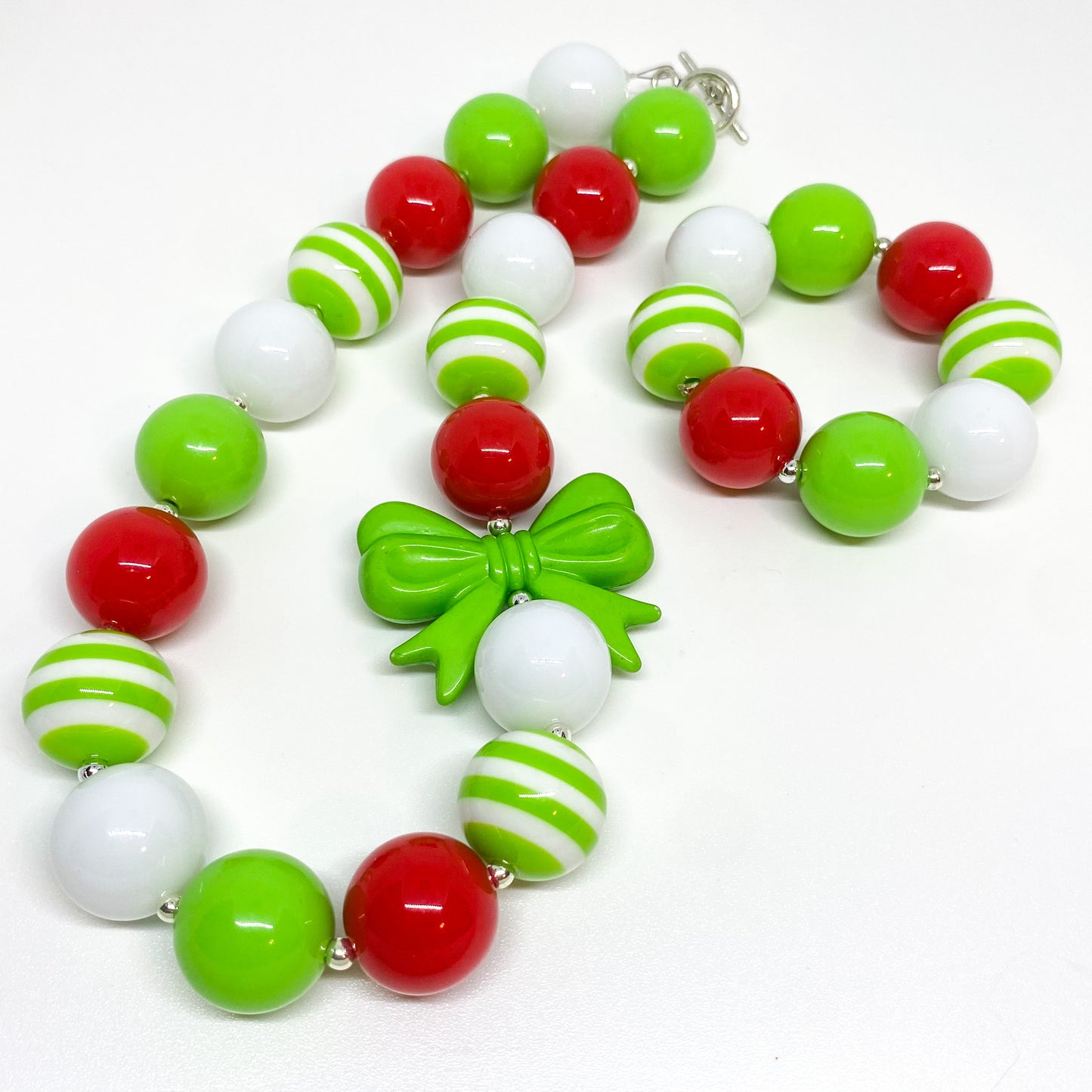 Lime Green and Red Christmas Bubblegum Necklace and Bracelet