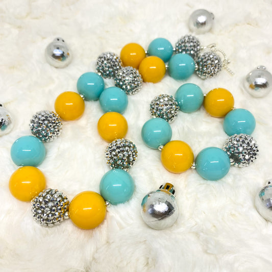 Mustard Yellow and Teal Bubblegum Necklace and Bracelet