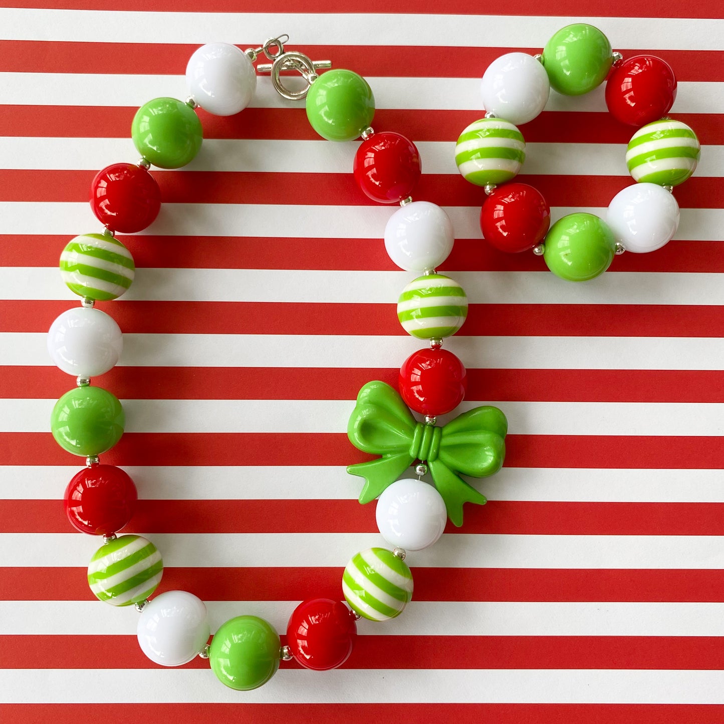 Lime Green and Red Christmas Bubblegum Necklace and Bracelet